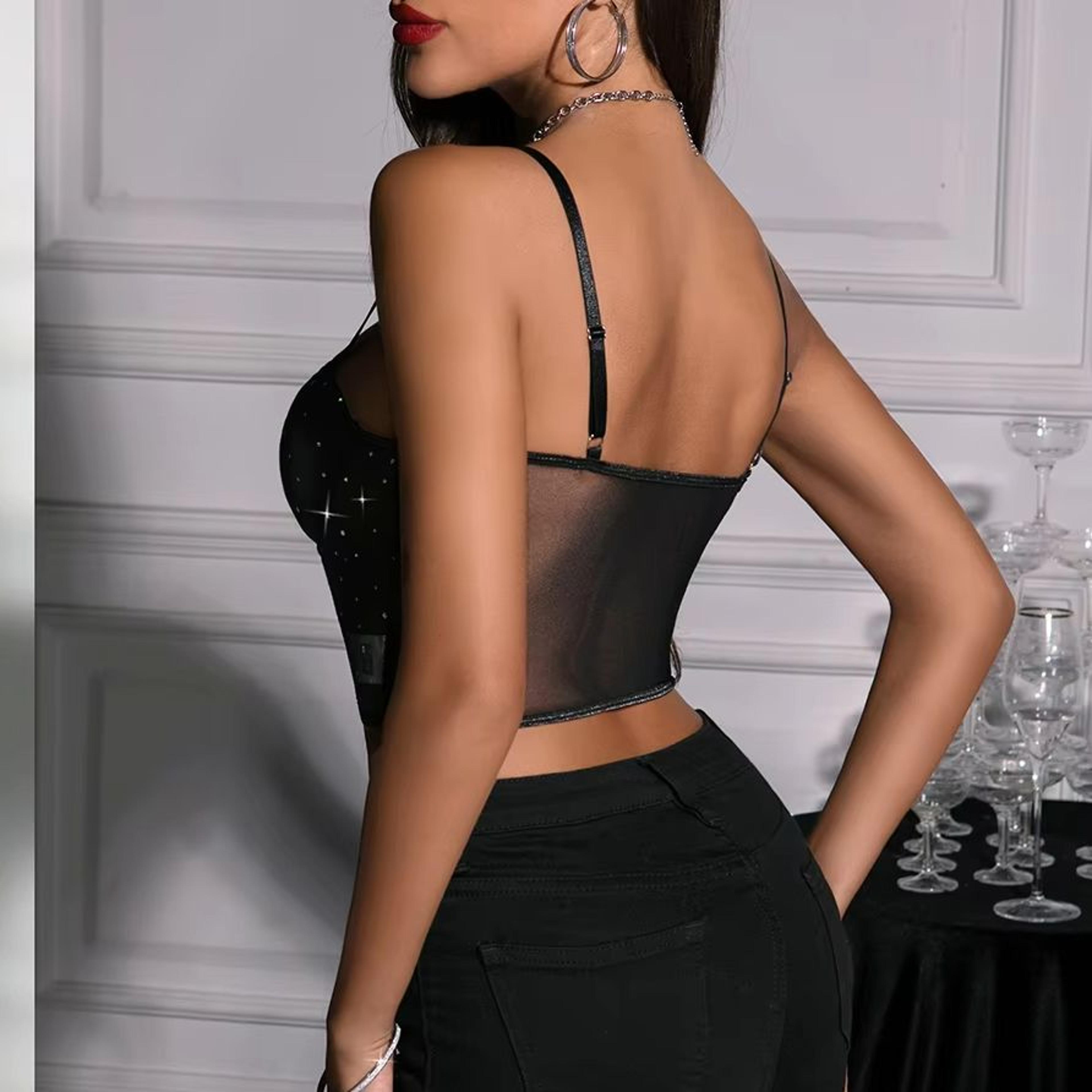 Corset Crop Top For Women Sheer Mesh Lace Up Bustier Clubwear Tank 2