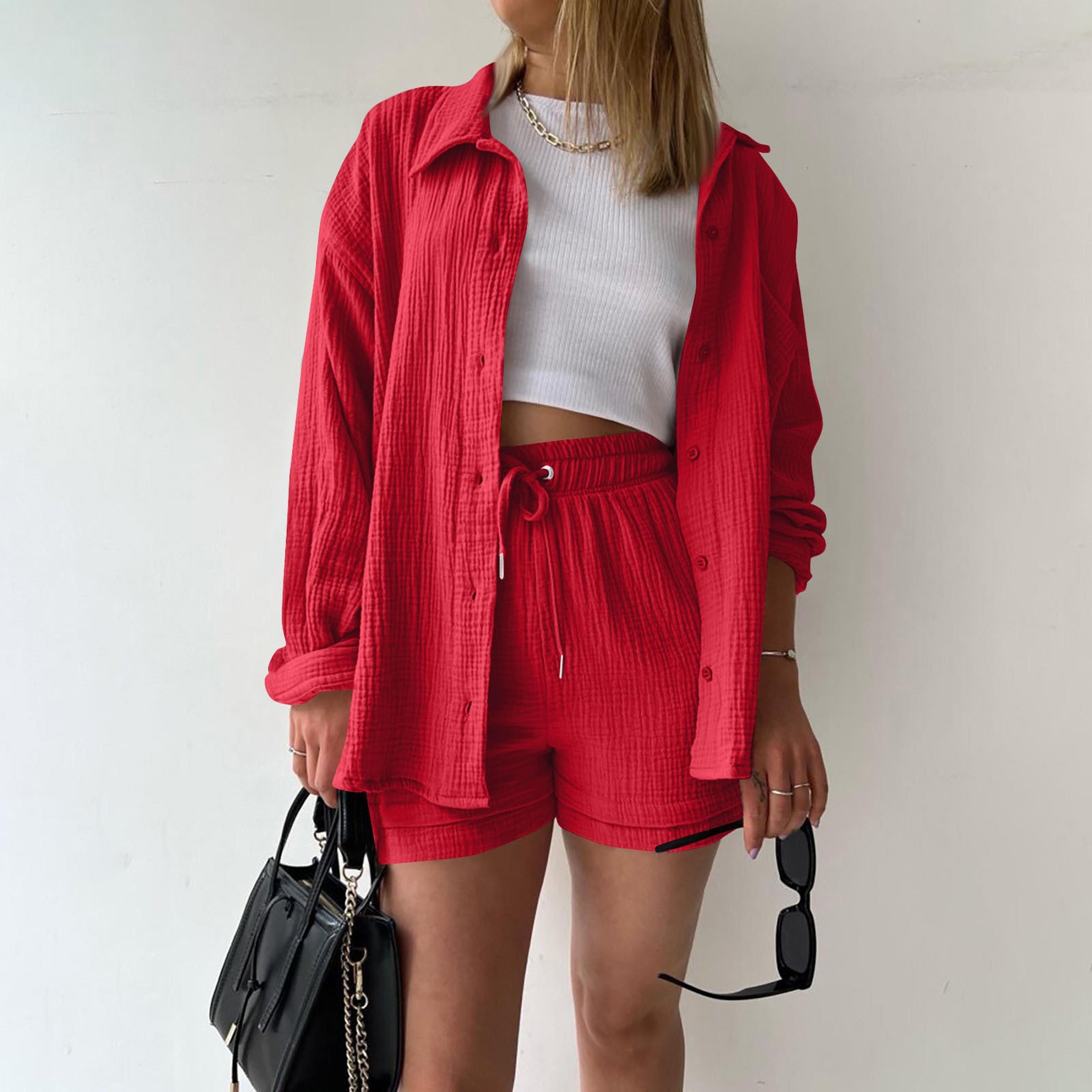 Womens Cotton Linen Summer Outfit Casual Shirt  High Waist Shorts Set 2