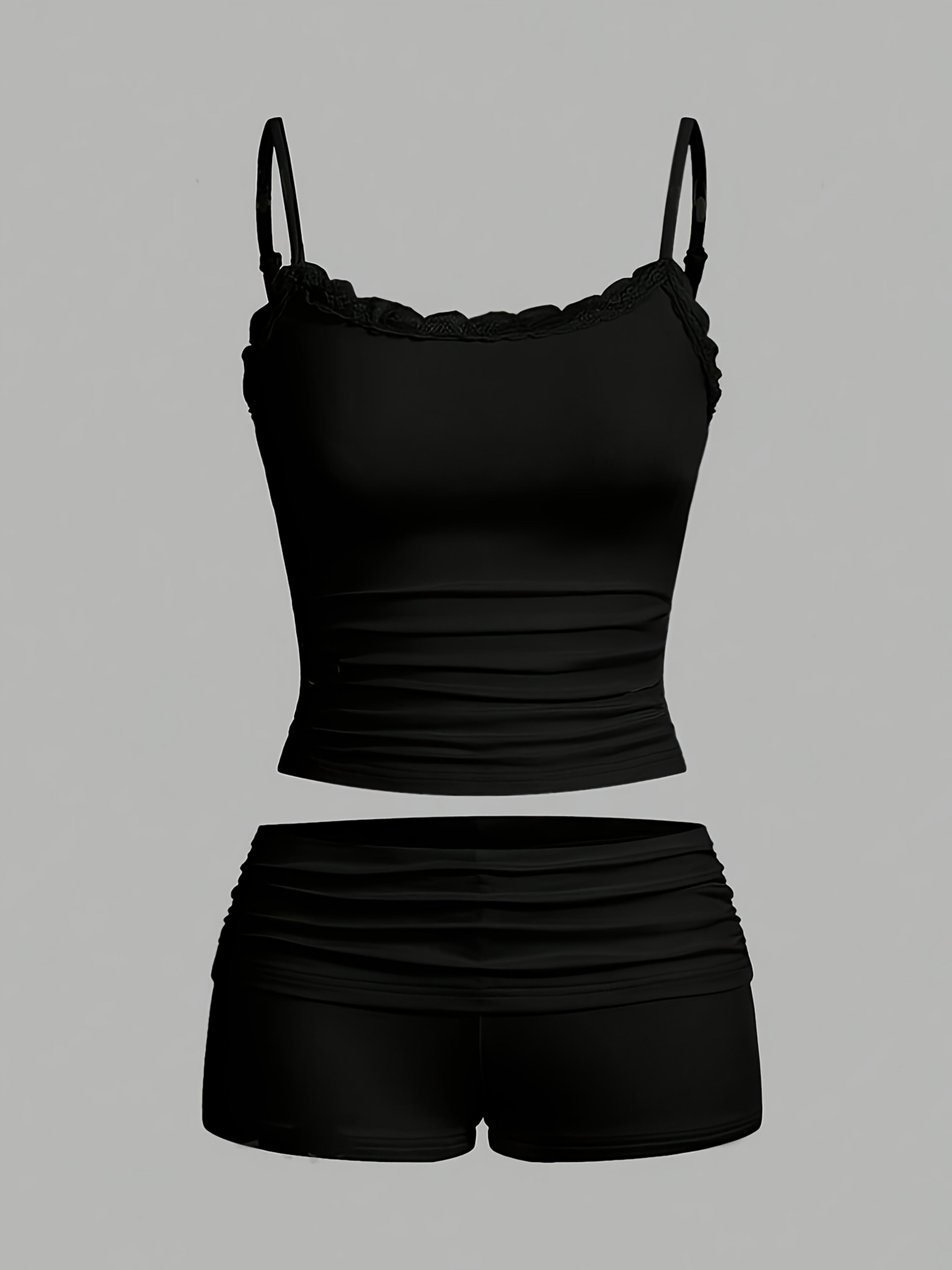 Plus Size Satin Cami Set Black Ruched Going Out Outfit With Adjustable Straps 1