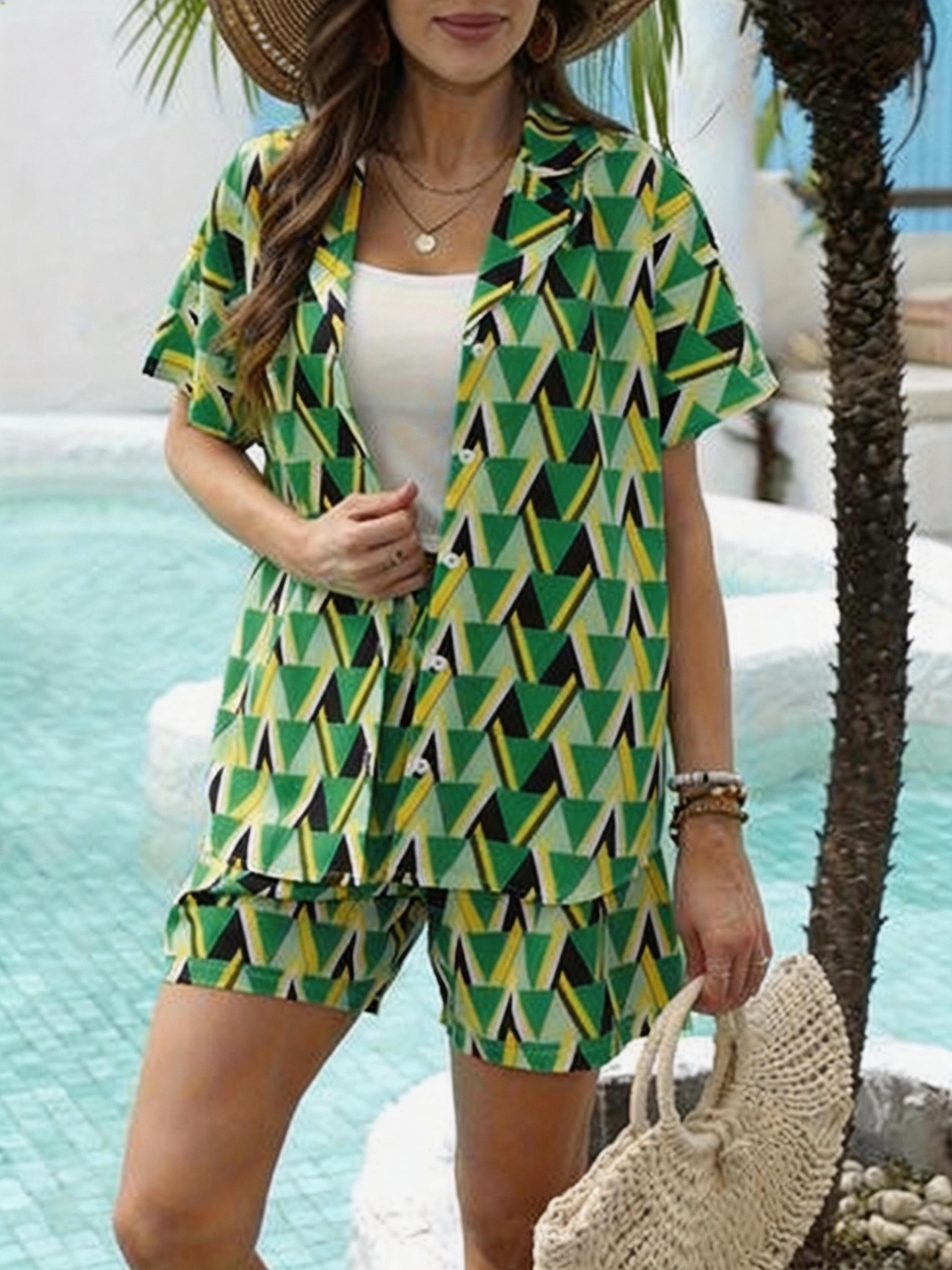 Womens Vacation Outfit Summer Set Printed Shirt And Wide Leg Shorts 3