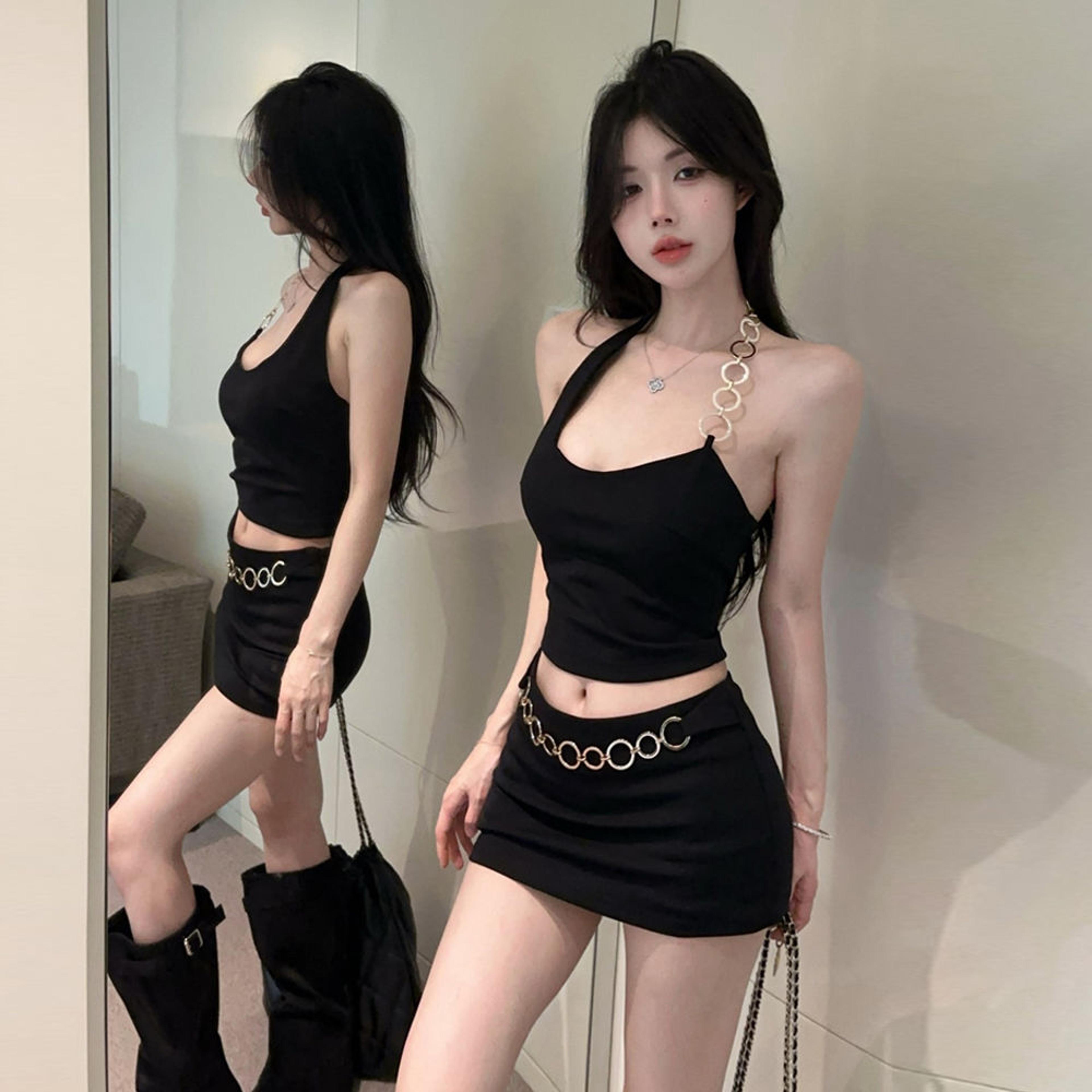 Womens Set With Chain Strap Crop Top  Bodycon Mini Skirt 5