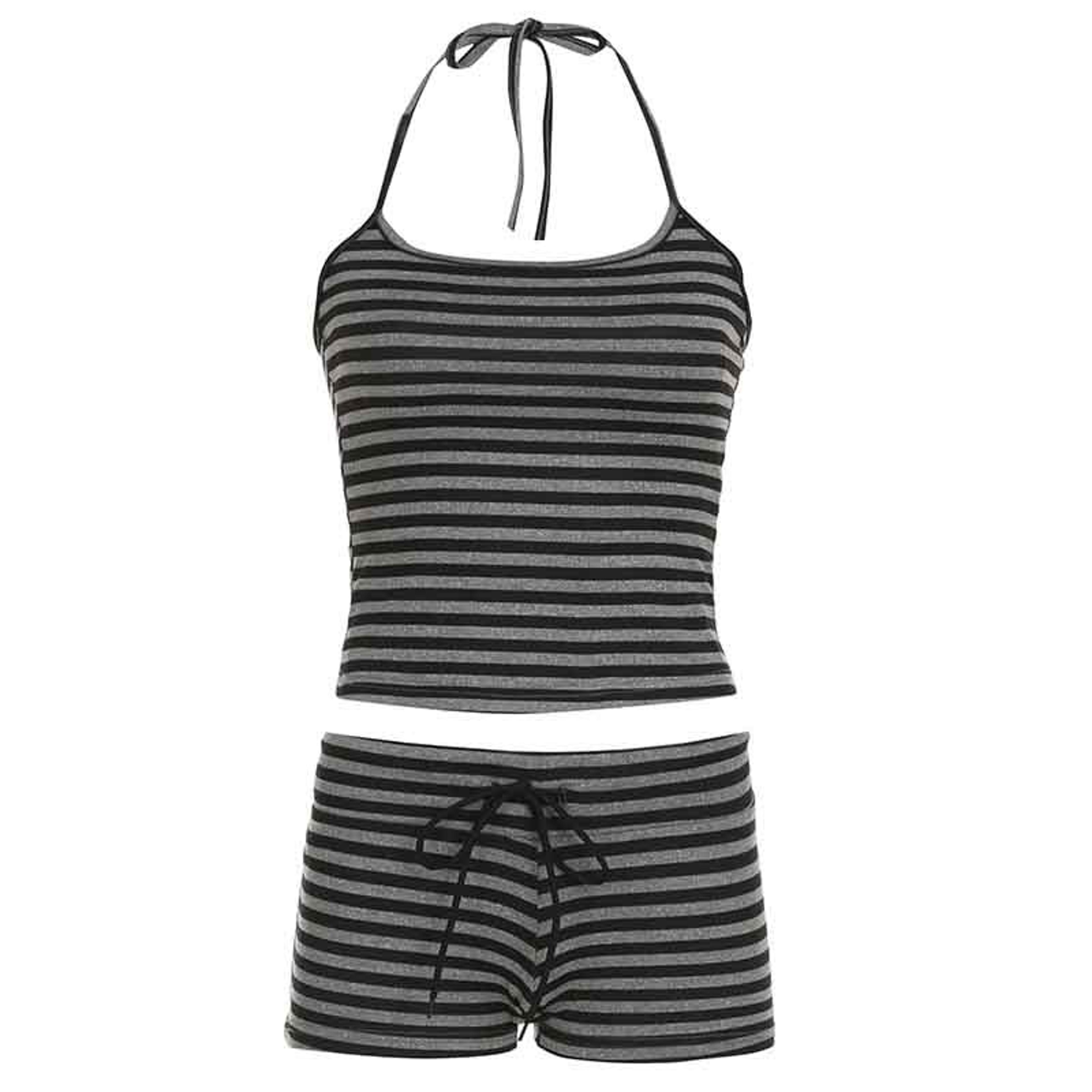 Womens Striped Halter Short Set Cozy Summer Lounge Outfit With Drawstring Shorts 8