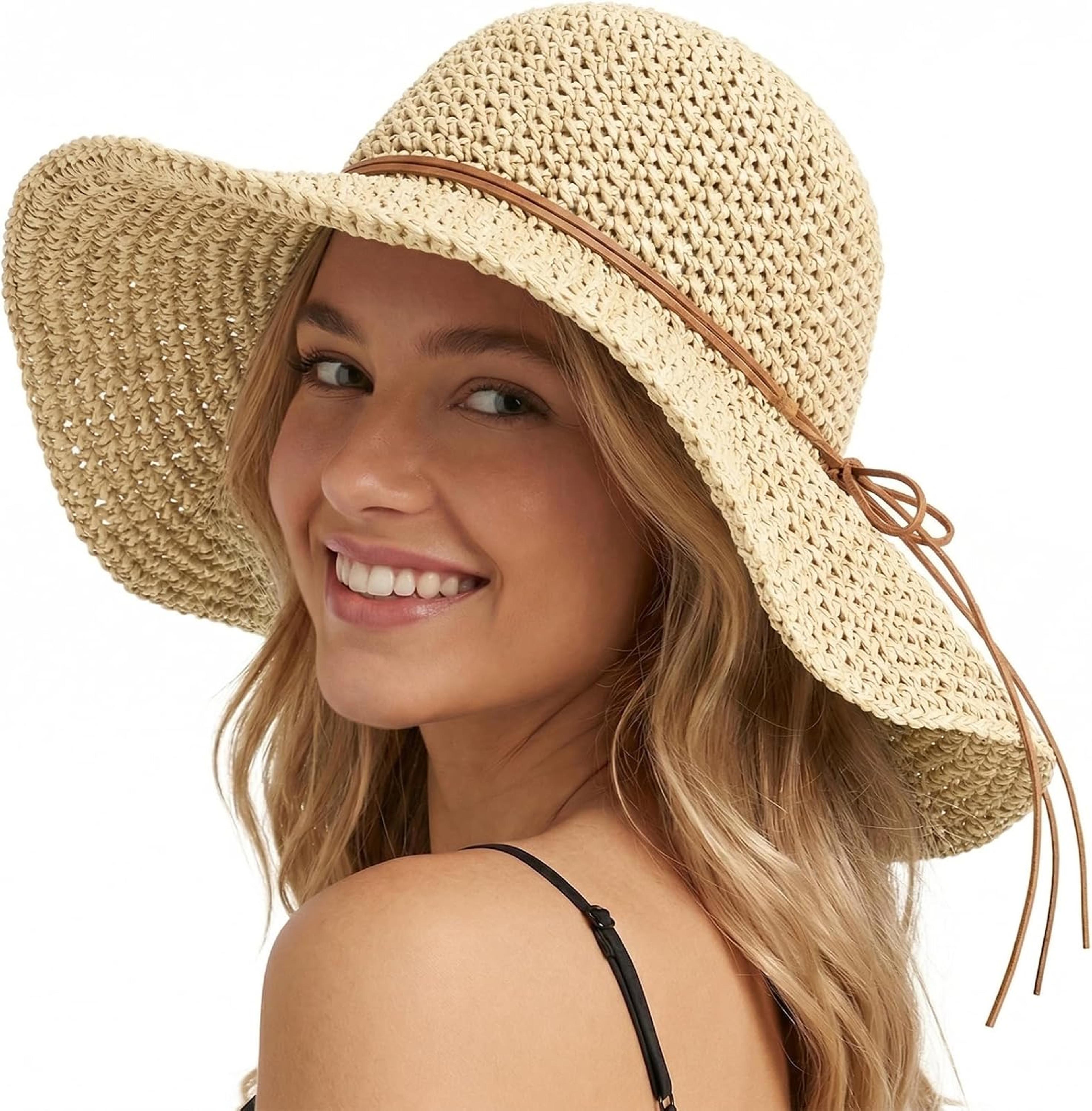 Womens Straw Sun Hat Wide Brim Beach Hat Foldable Packable Summer Cap 3