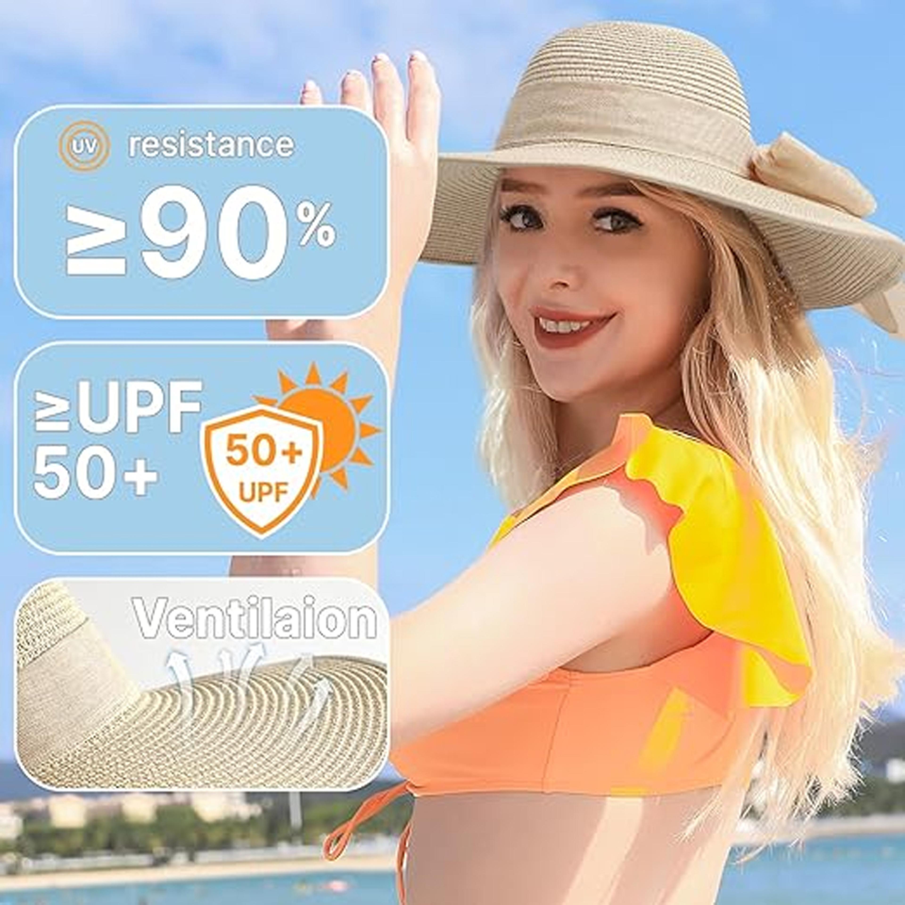 Wide Brim Straw Hat For Women Foldable UV Protection Summer Beach Sun Hat With Bow 1