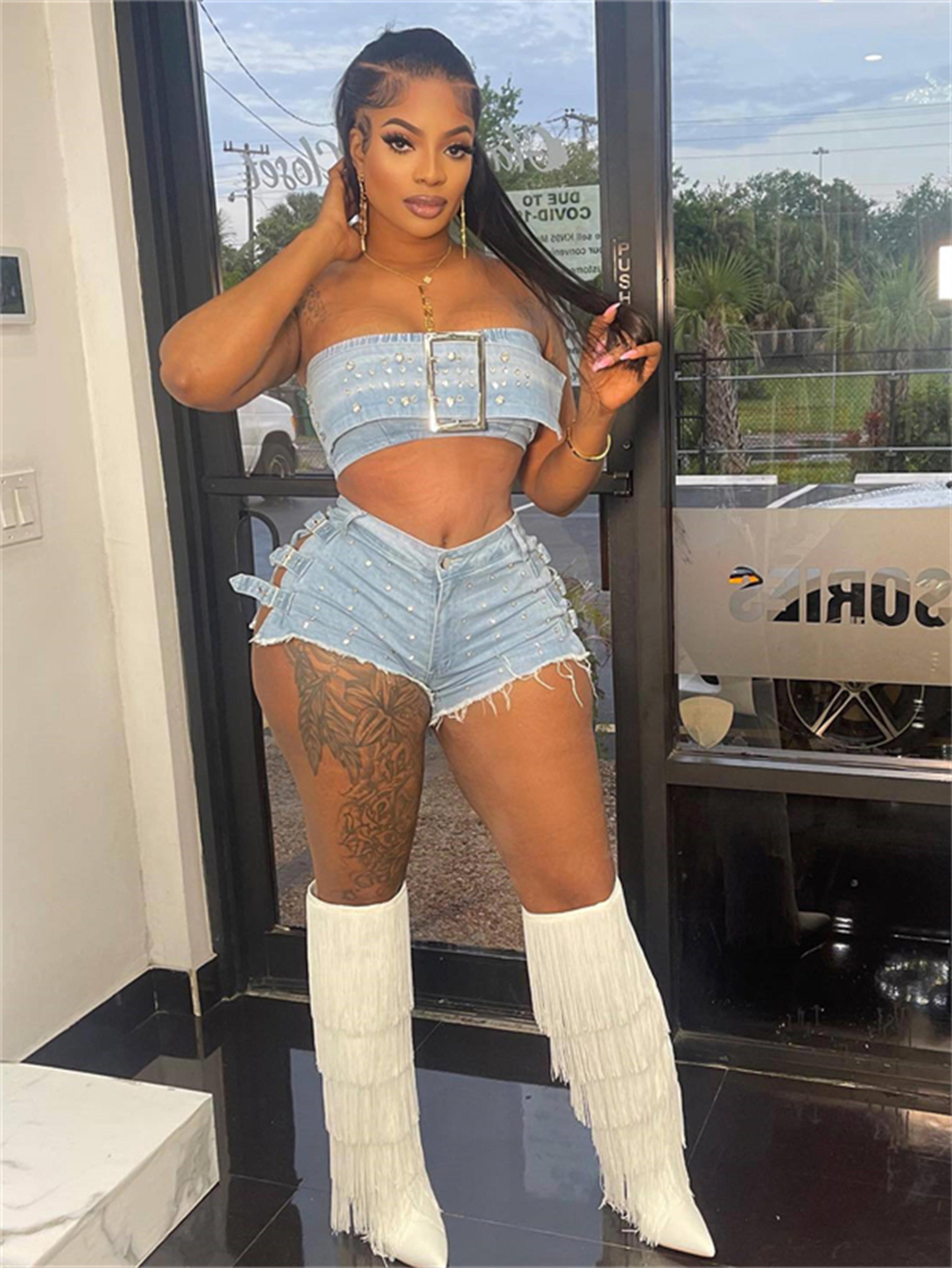 Summer Chic Denim Set Strapless Vest Top And Shorts Outfit For Women 1