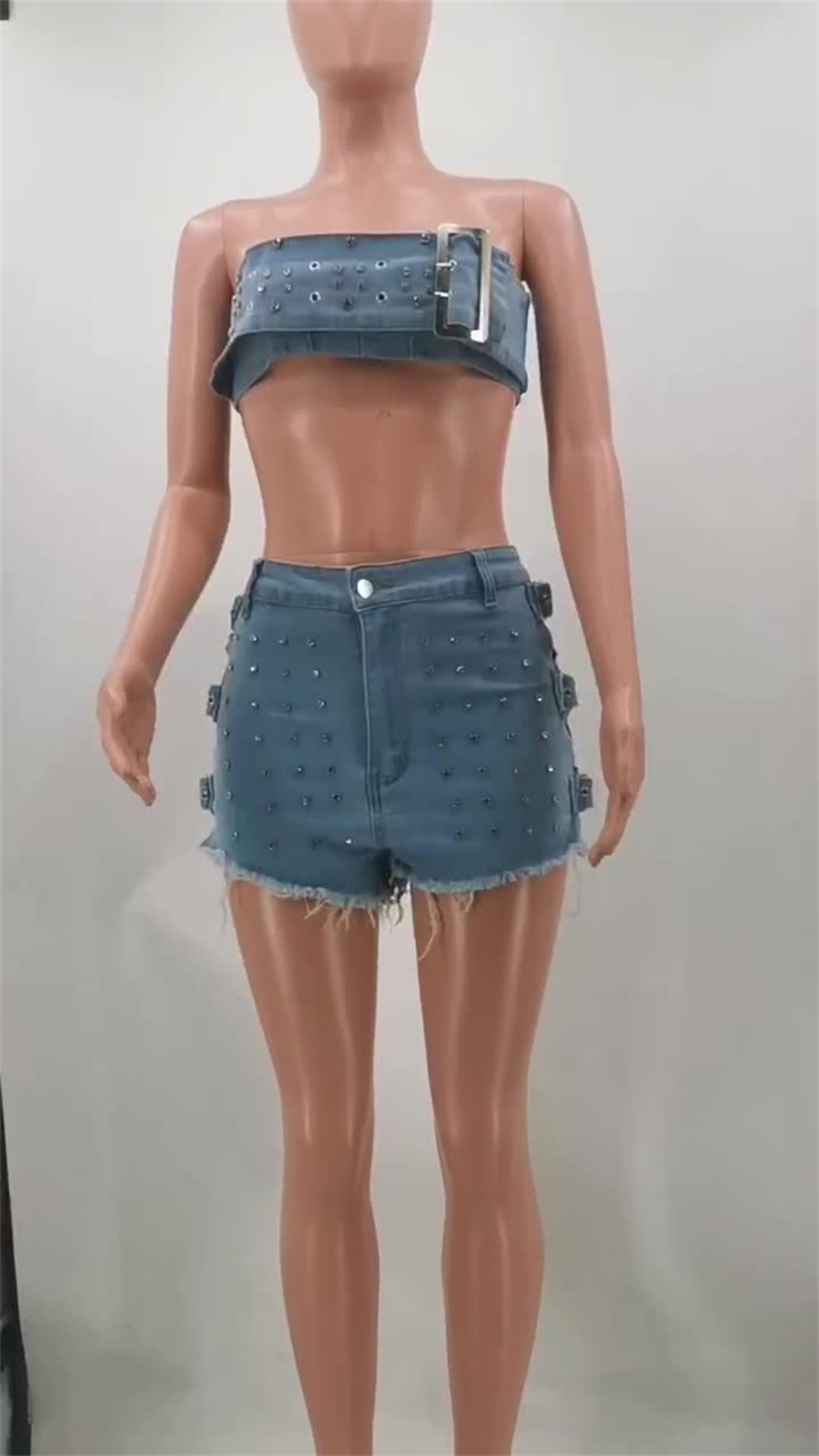 Summer Chic Denim Set Strapless Vest Top And Shorts Outfit For Women 5