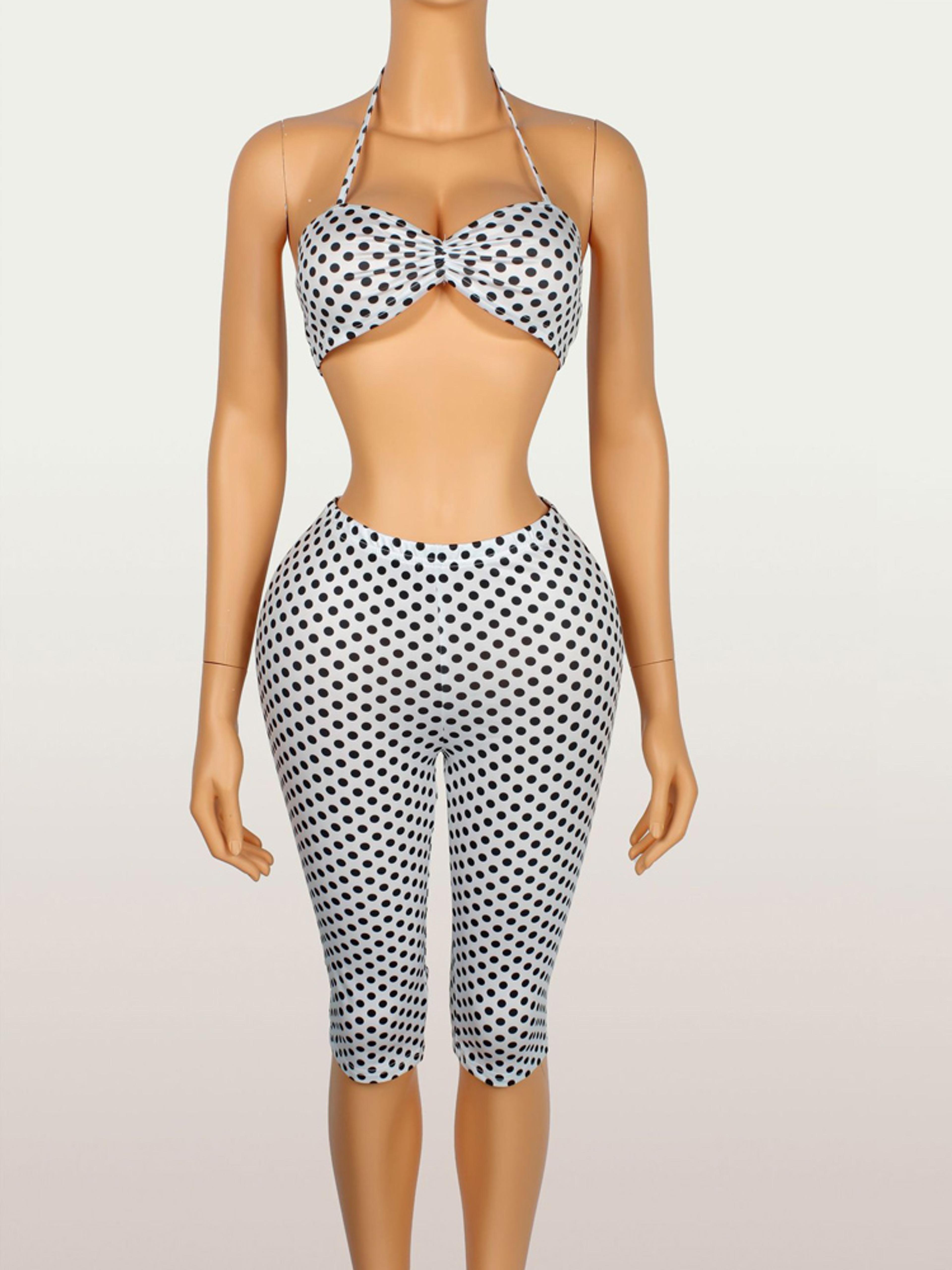 Womens Matching Set Polka Dot Halter Crop Top  Bodycon Biker Shorts Summer Outfit 3