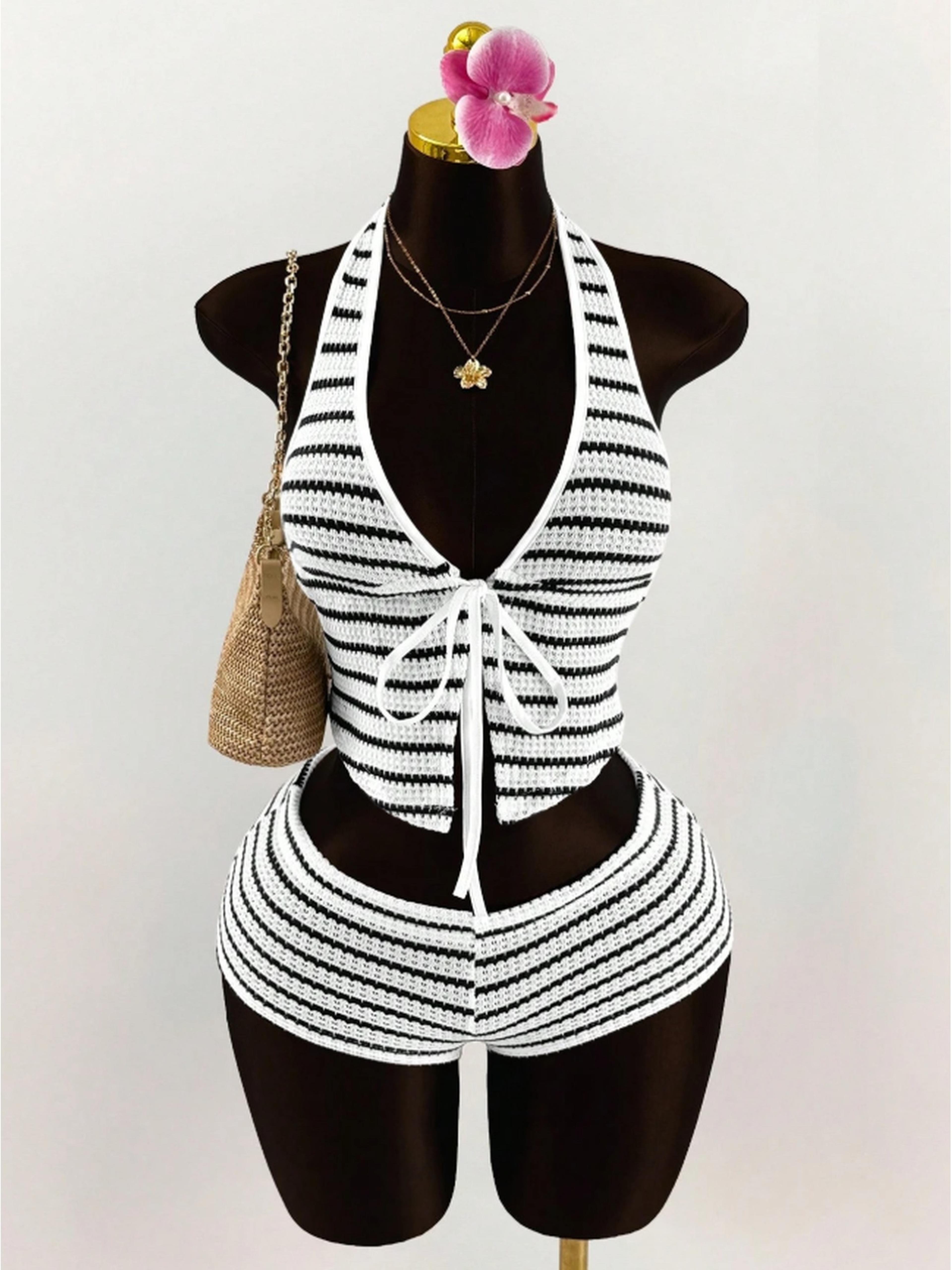 Summer Color Block Halter Top And Shorts Set For Women 0