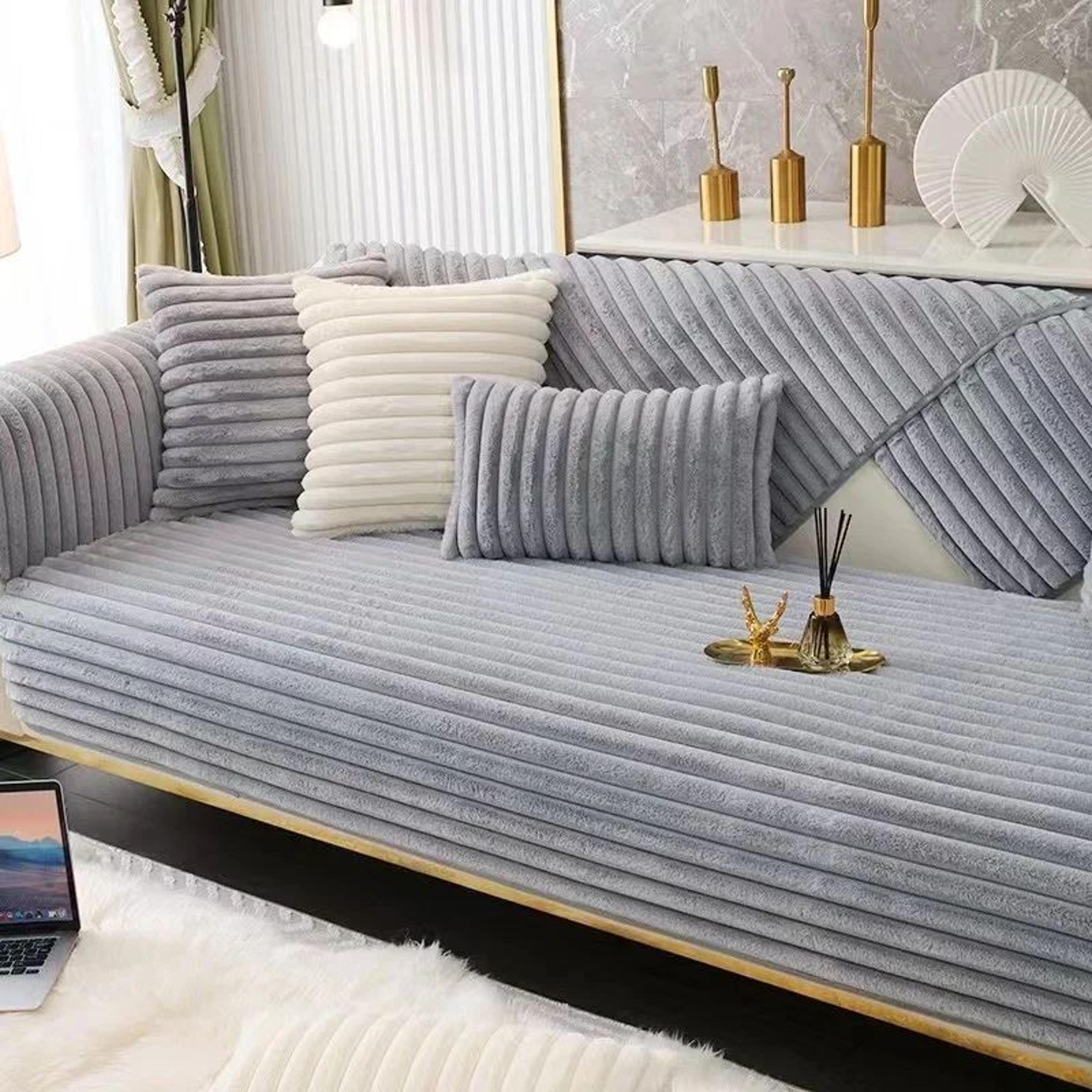 Super Soft Rabbit Plush Quilted Sofa Cover Winter Warm Thick Couch Cover L Shaped Sectional Anti Sl 6