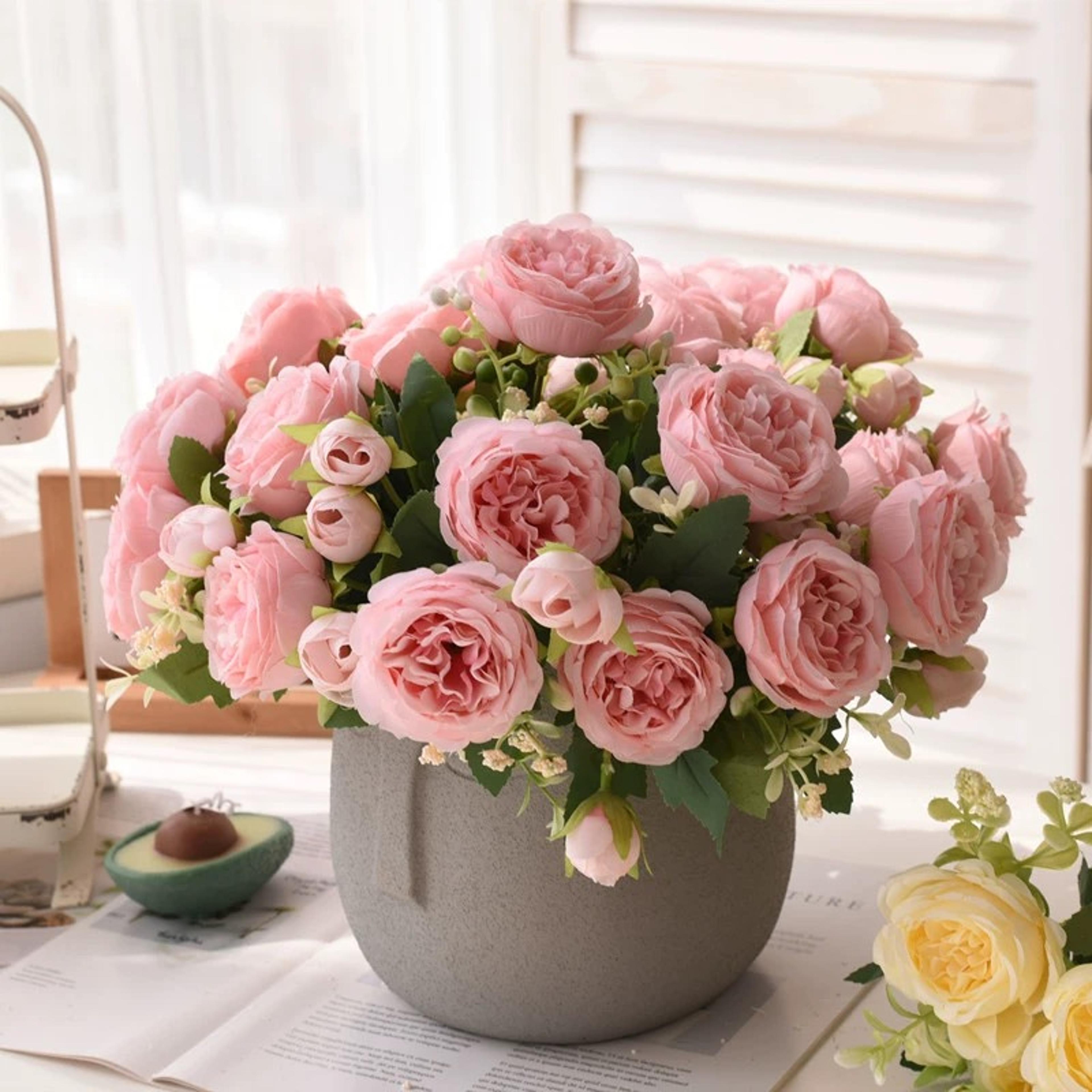 rose pink peony artificial flower bouquet, big heads, wedding and home decor, silk floral arrangement