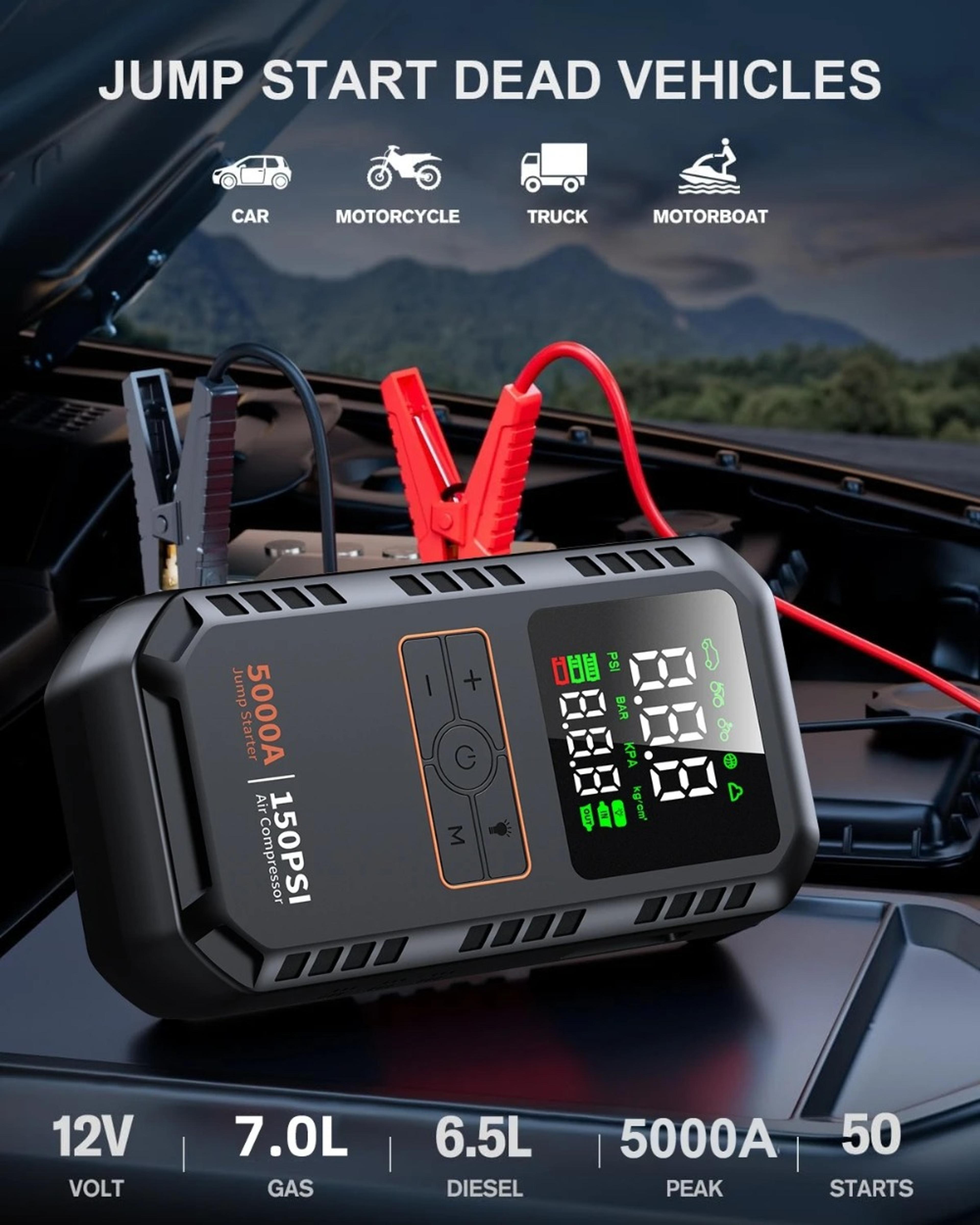 Car Jump Starter With Air Compressor PSI Tire Inflator Portable Battery Booster 2