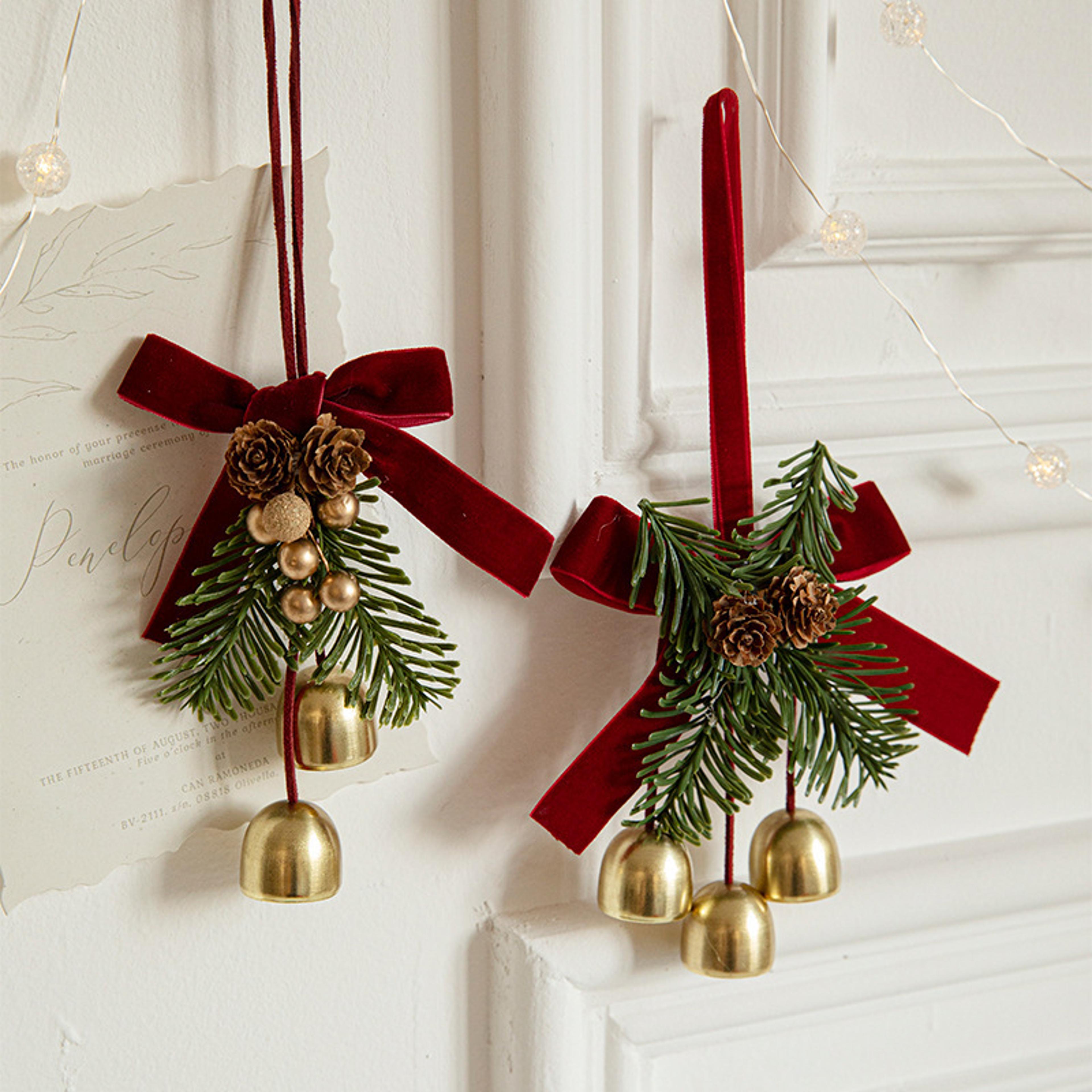 velvet bows, jingle bells & pinecones christmas hanging decor set for fireplace, tree & holiday party decor