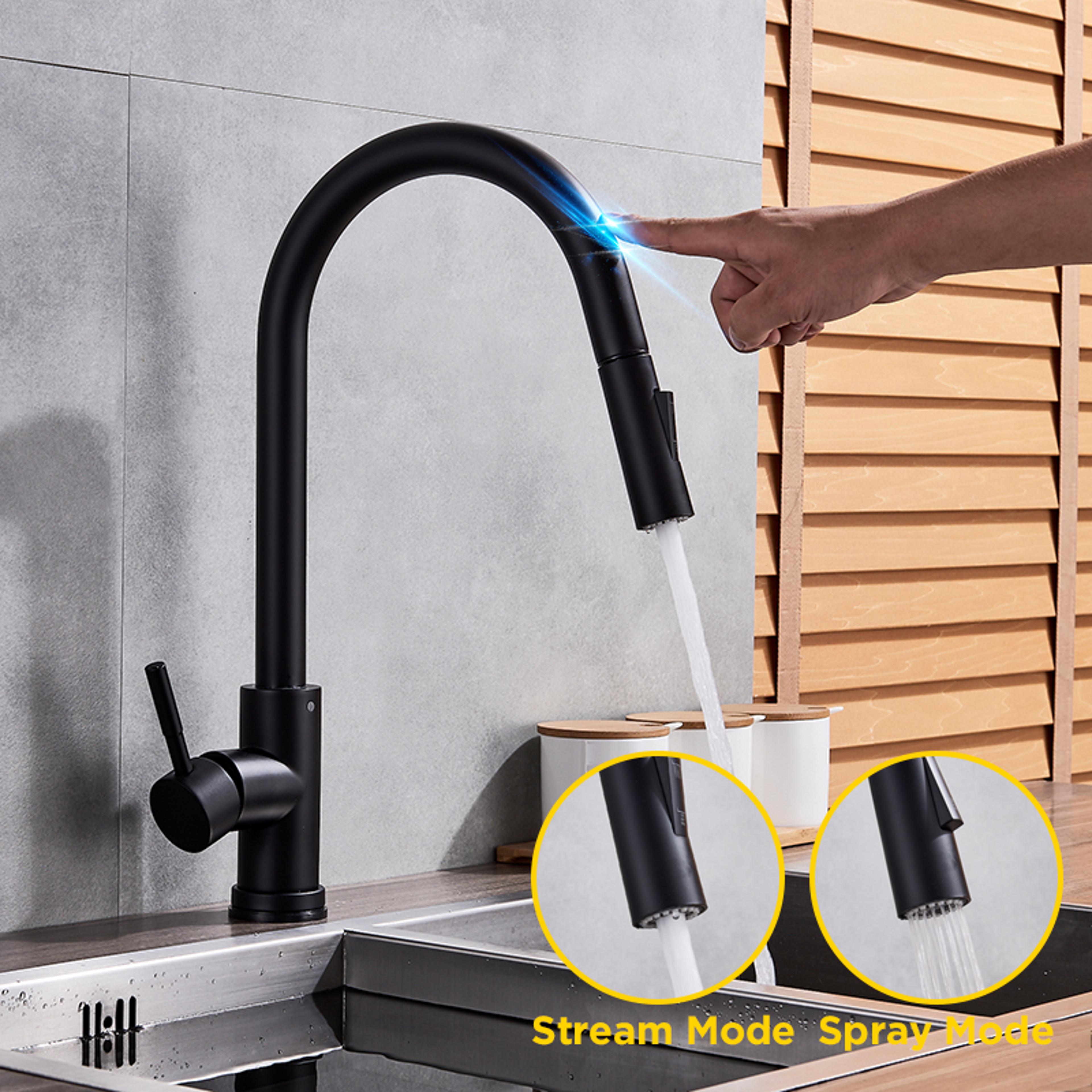 Black Touch Control Kitchen Faucet With PullOut Spray  Modern Sink Tap 1