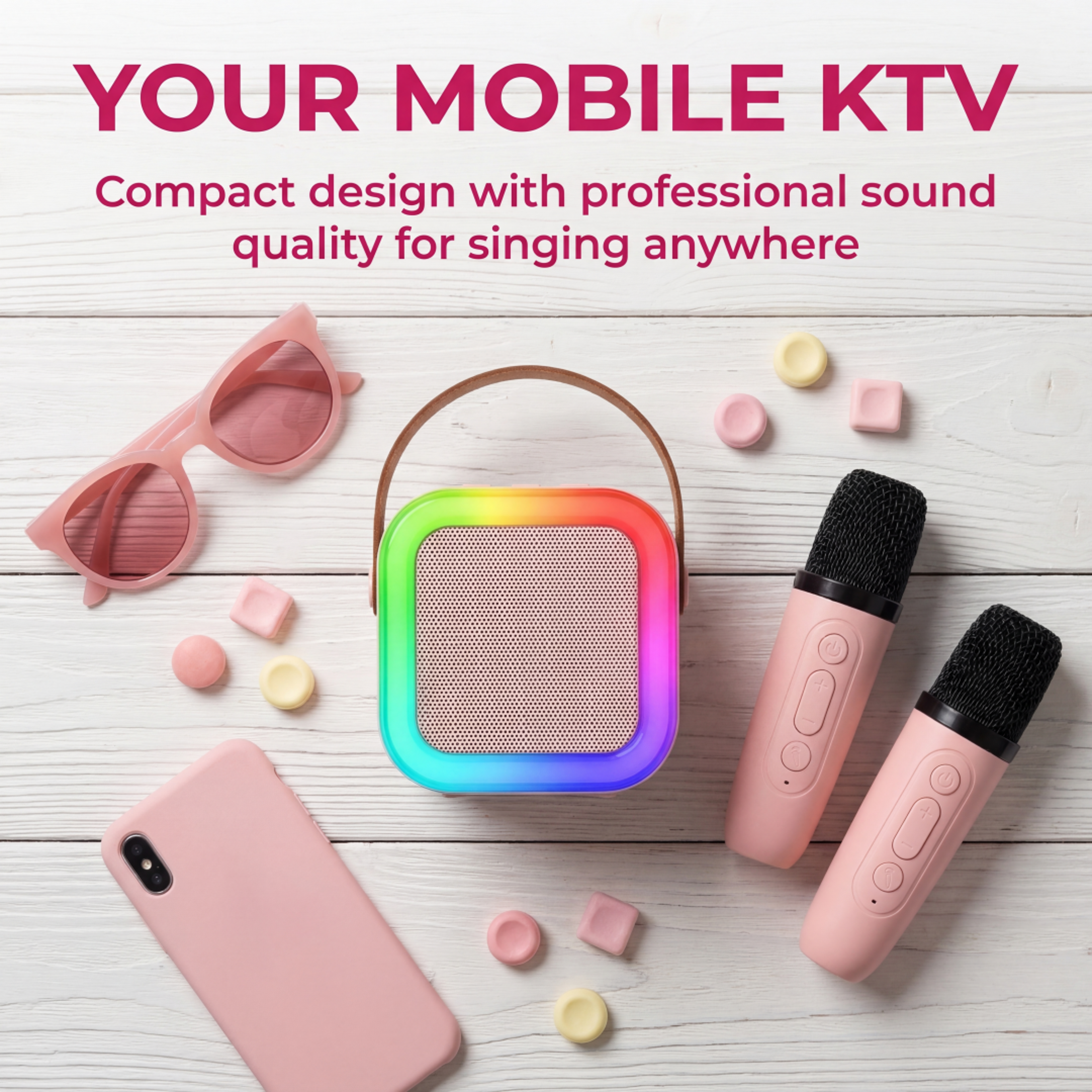 Portable Karaoke Machine With Dual Wireless Microphones Bluetooth Speaker RGB Lights 5