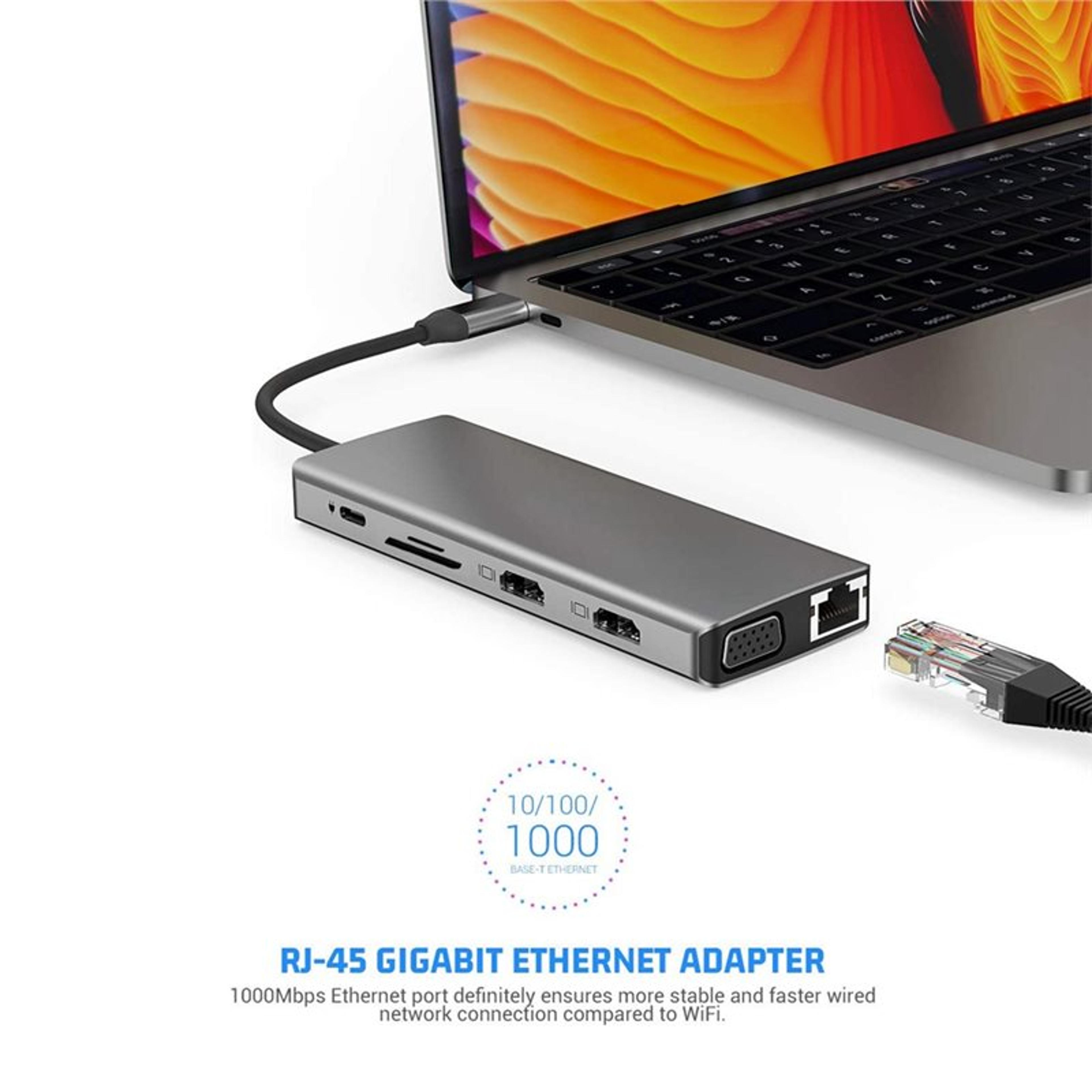 USB C Hub Triple Display Docking Station With HDMI VGA Ethernet PD USB For Laptop 3