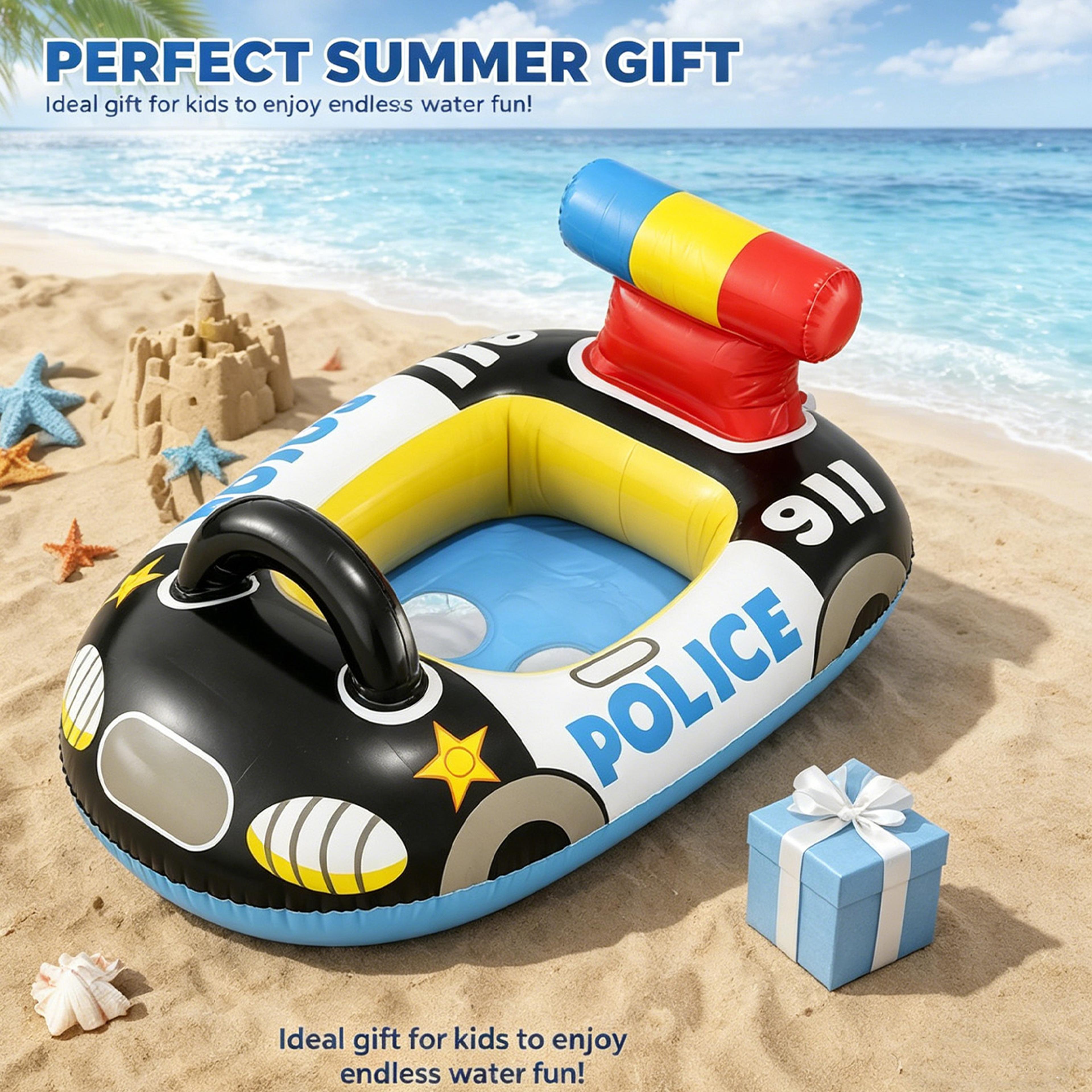 Inflatable Police Boat Pool Float With Backrest  Handles Durable PVC Kids Swim Ring Raft 0