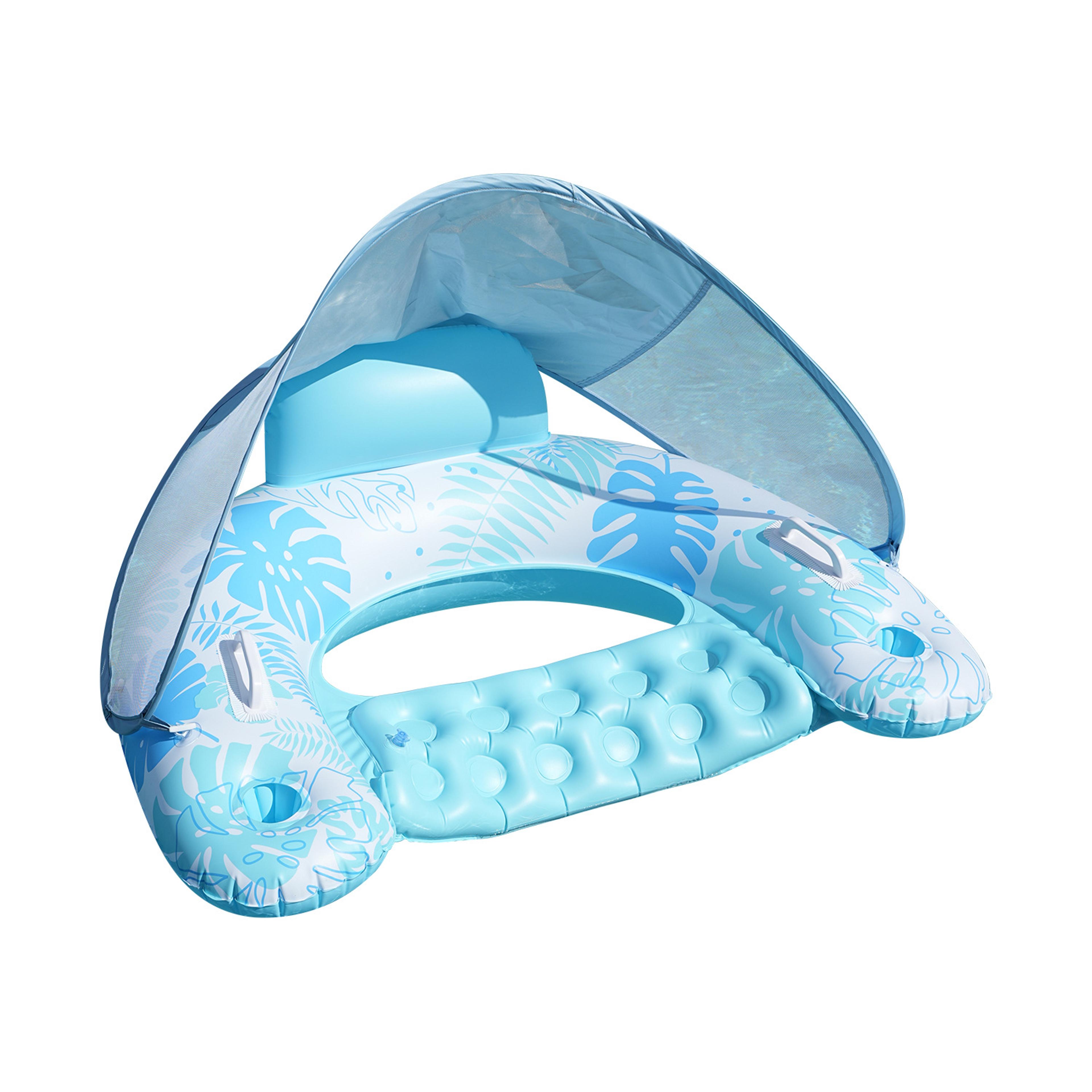 Inflatable Pool Float With Canopy  Cup Holders Adult Pool Lounge Chair Floating Recliner 3