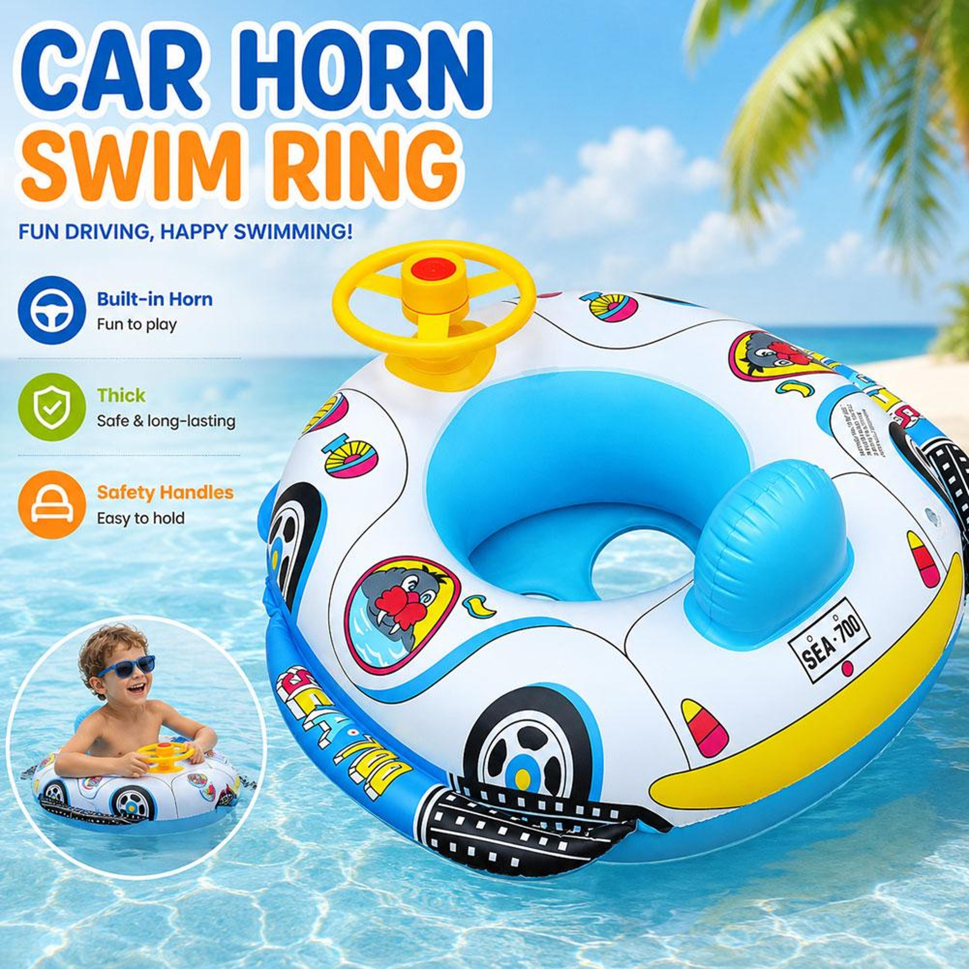 Cute Car Baby Pool Float With Safety Seat  Handles Inflatable Toddler Swim Float For Summer Fun 2