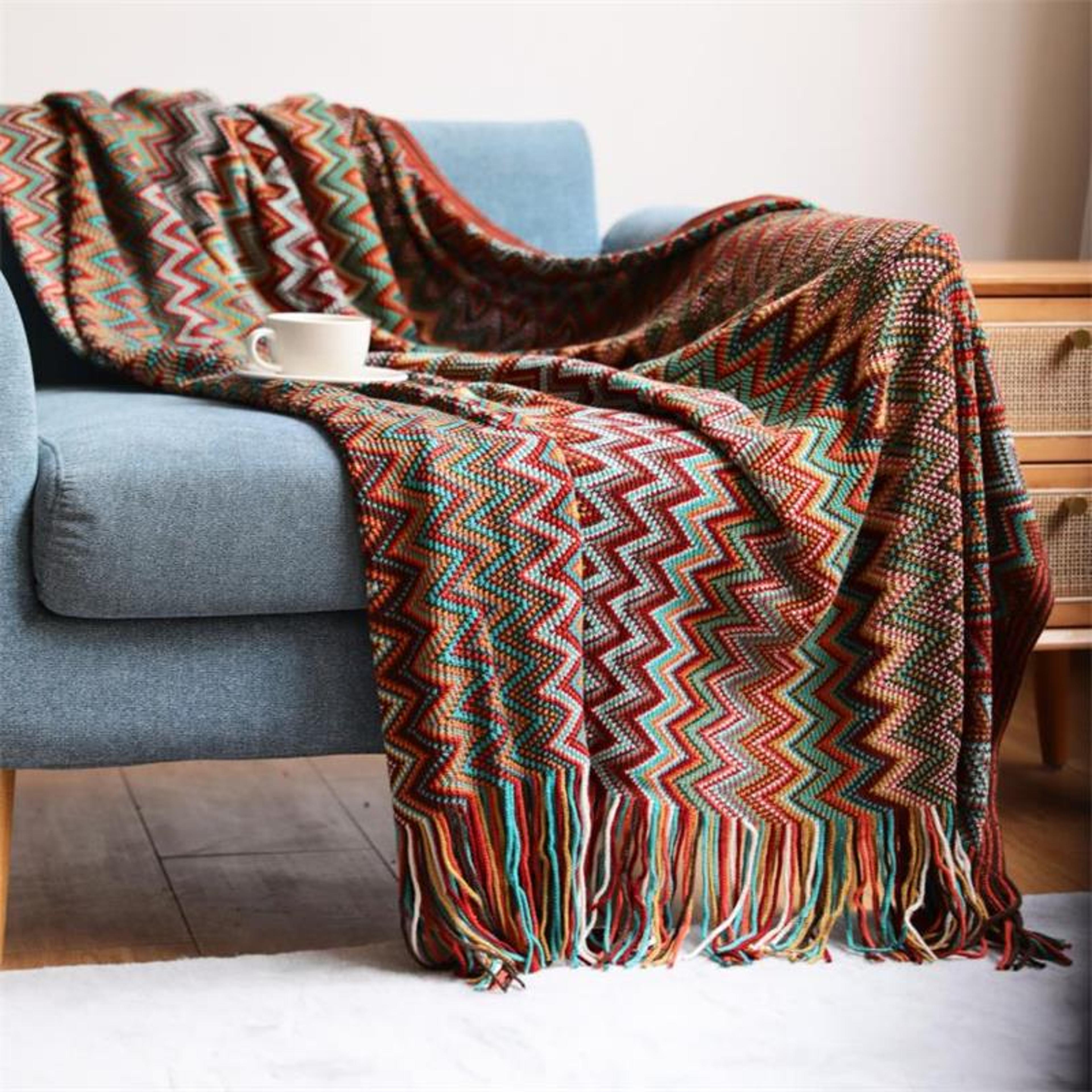 Boho Throw Blanket Soft Knitted Blanket With Tassels Lightweight Acrylic Summer Throw 1
