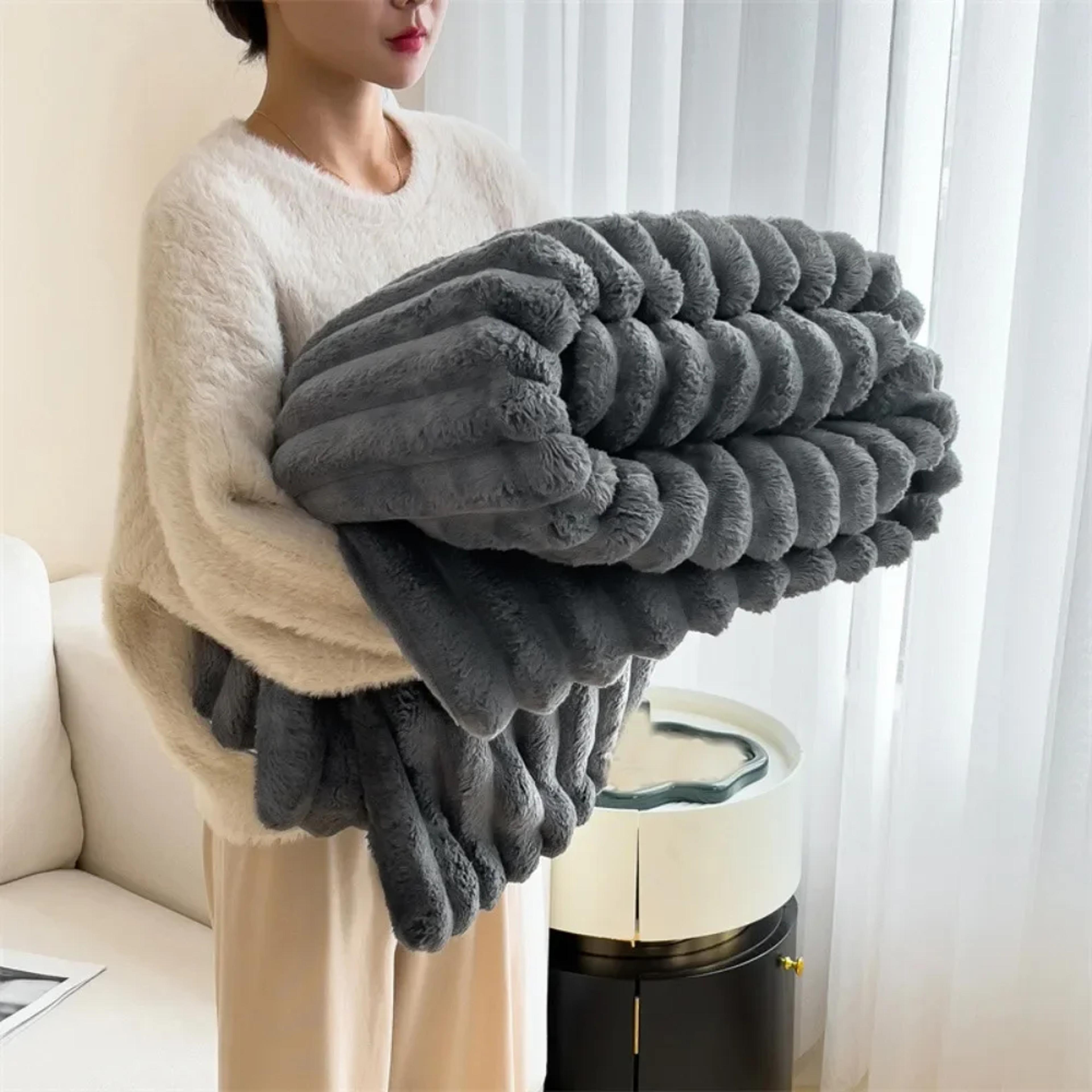 Luxury Faux Rabbit Fur Throw Blanket Ultra Soft Plush Striped Cozy Blanket For Couch Sofa  Bed 1