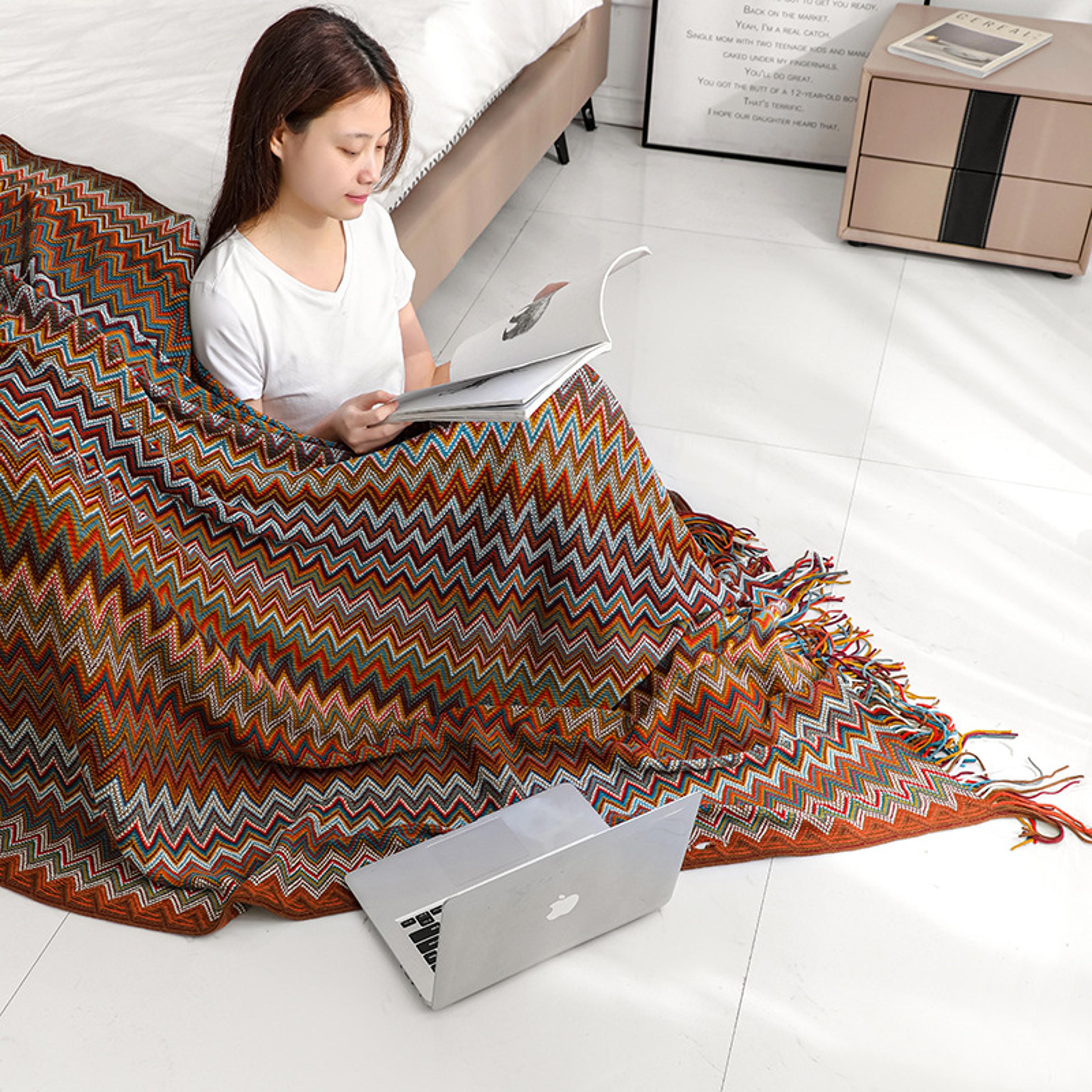 Boho Throw Blanket Knitted Striped Tassel Decorative Sofa  Bed Throw 2