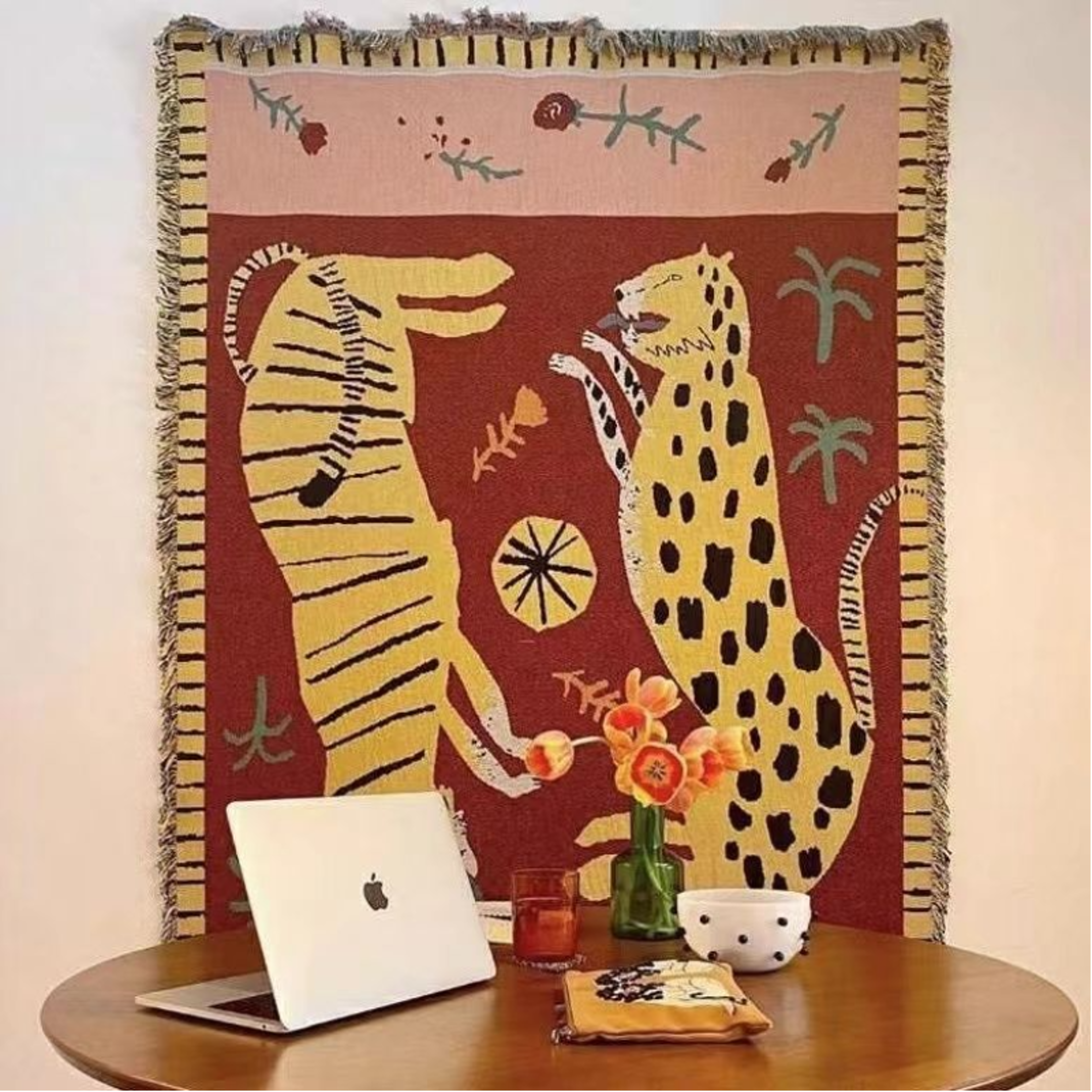 Boho Leopard Tiger Jacquard Throw Blanket With Fringe Woven Safari Animal Print Home Decor 1