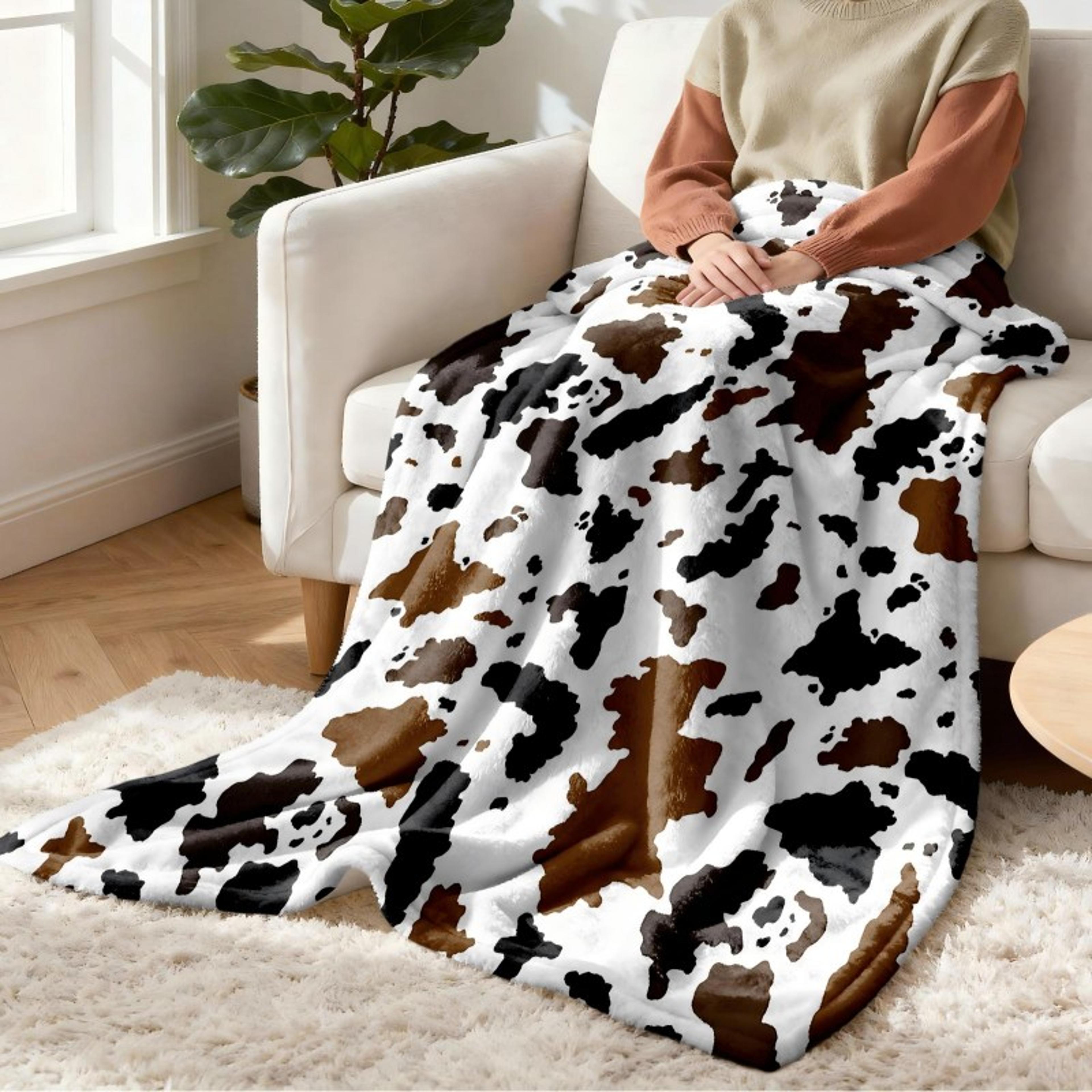 Cow Print Flannel Throw Blanket Soft Fleece Cowhide Pattern All Season Blanket For Sofa Bed  Travel 0