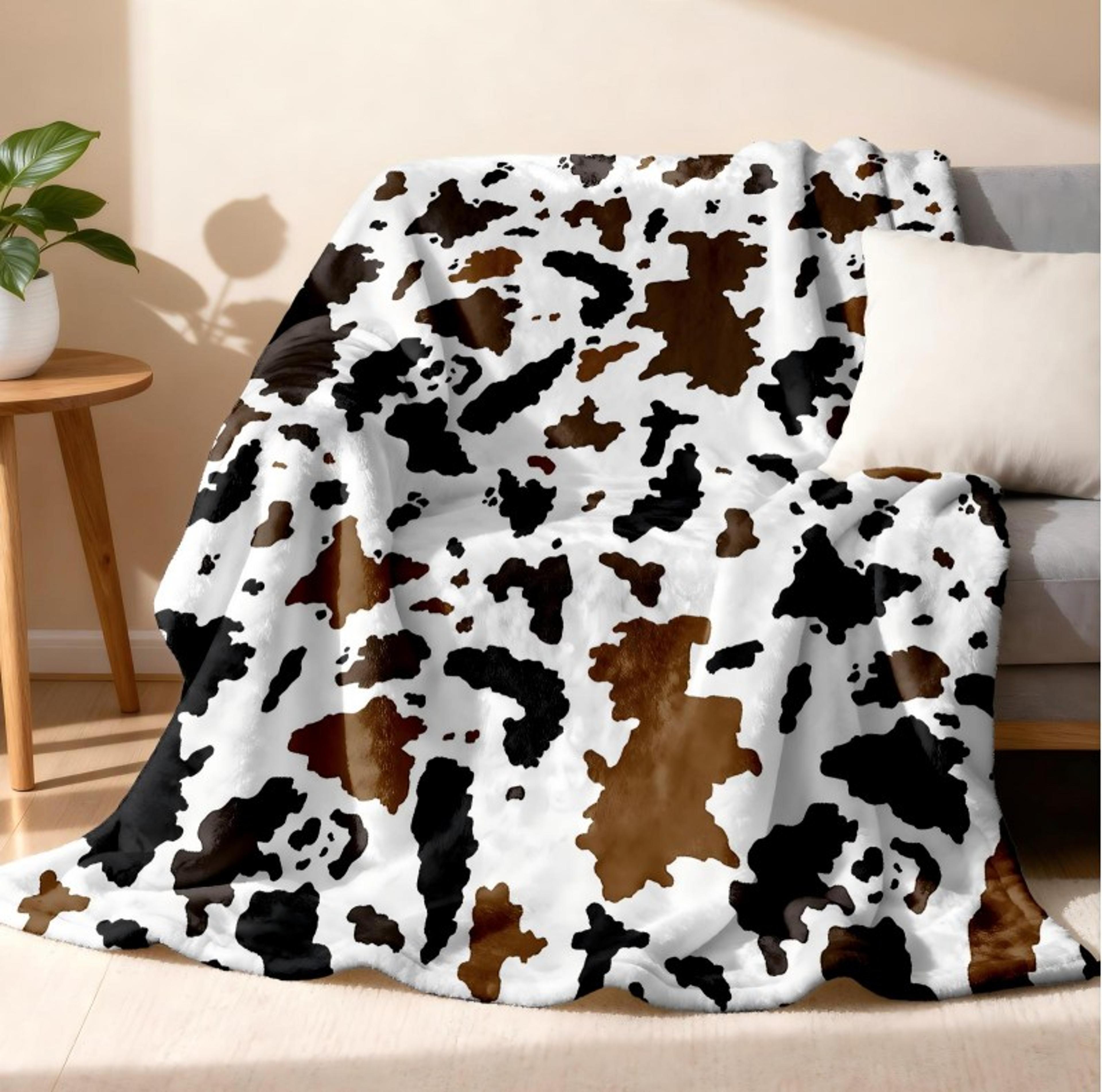 Cow Print Flannel Throw Blanket Soft Fleece Cowhide Pattern All Season Blanket For Sofa Bed  Travel 1