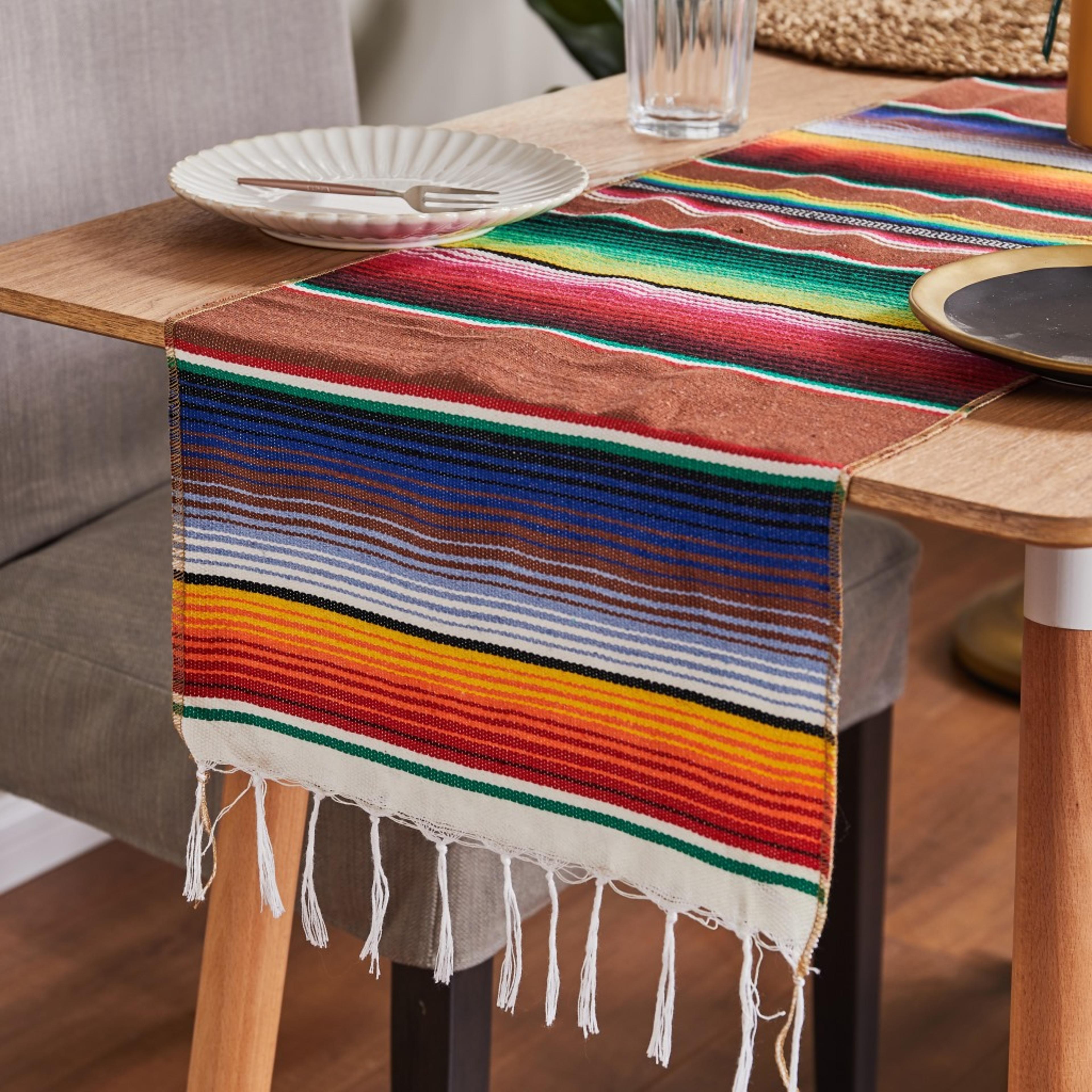 Colorful Woven Mexican Table Runner With Fringe Boho Striped Fiesta Table Decor 3