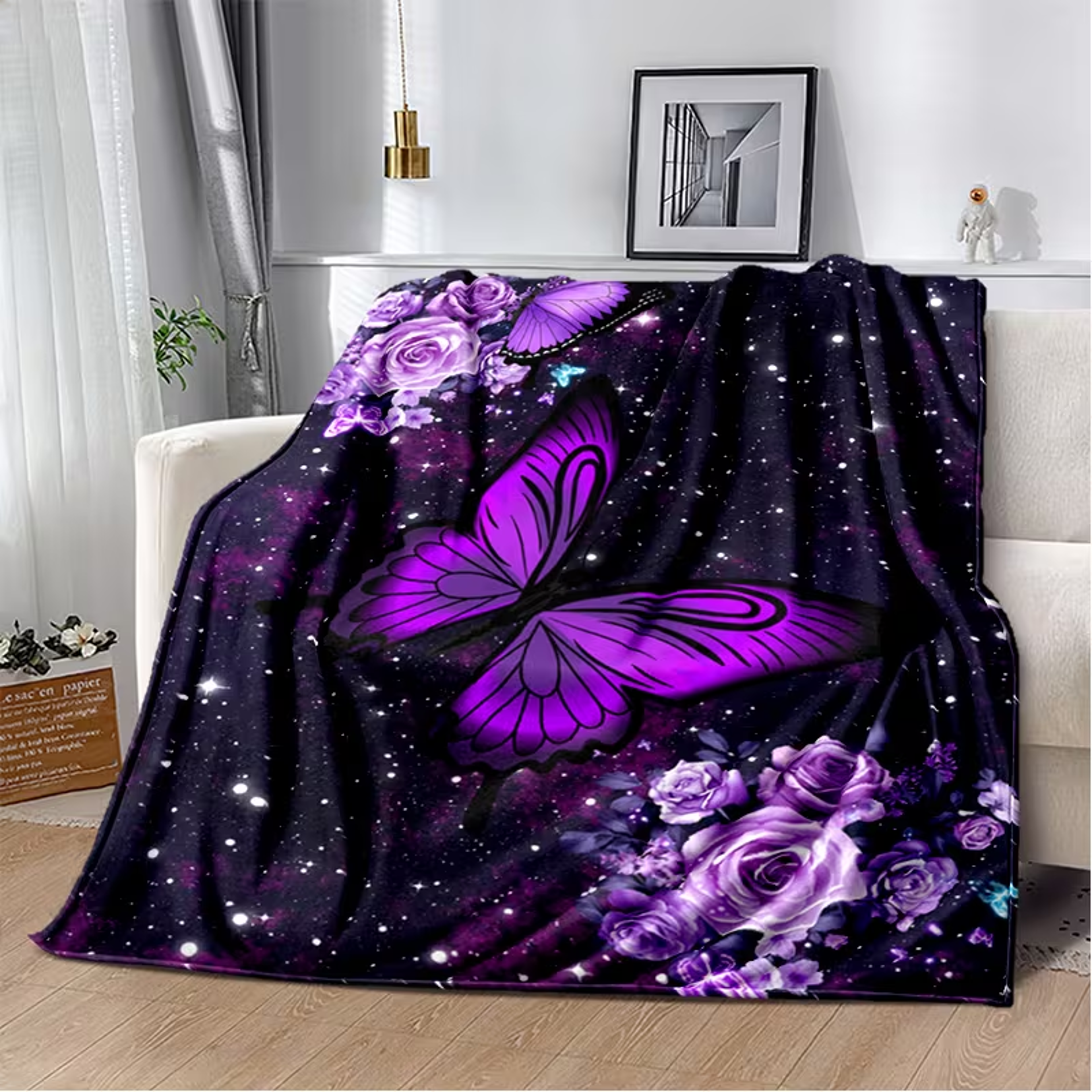Purple Butterfly Flannel Throw Blanket Soft Plush Starry Sky Blanket For Bed Sofa  Travel 4