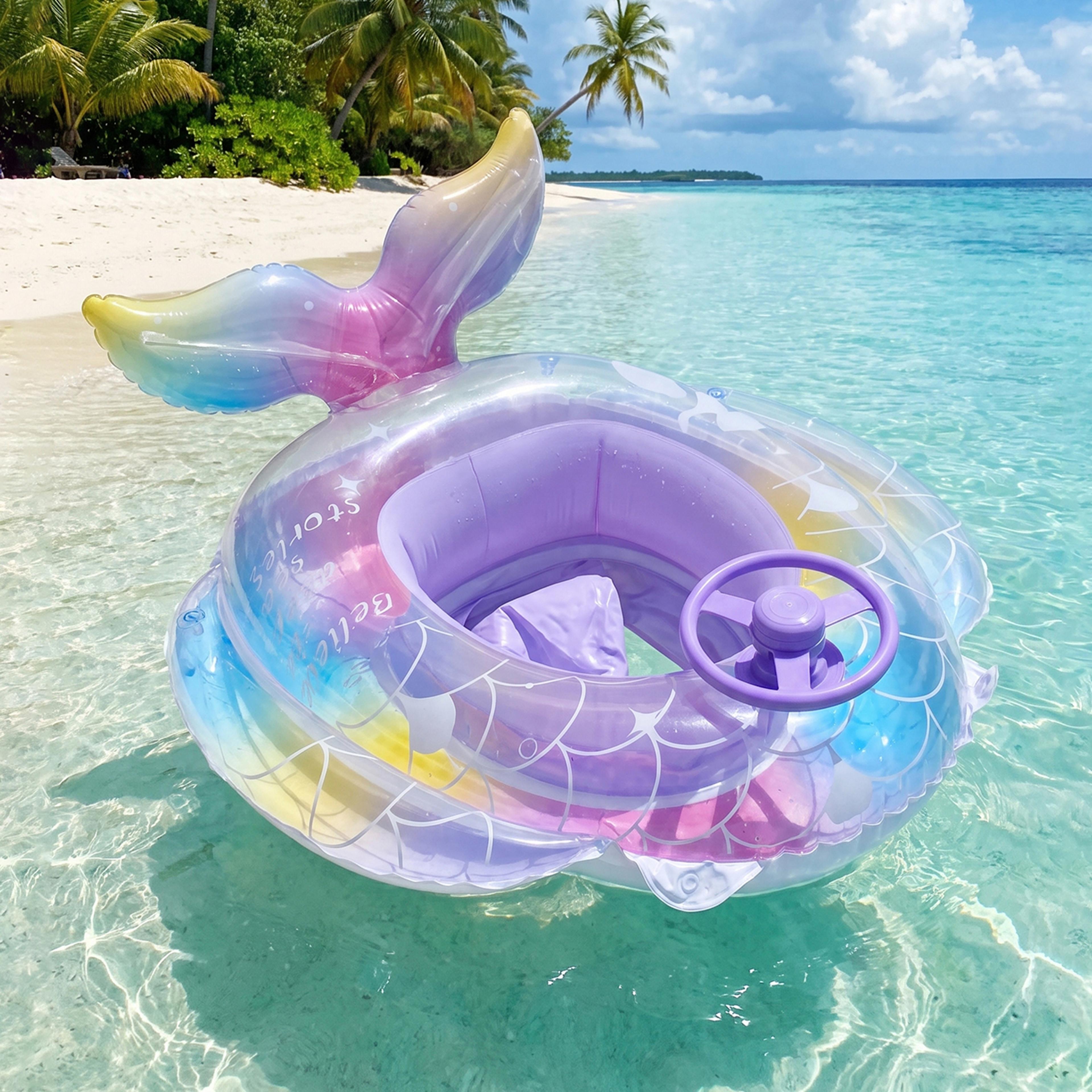 Rainbow Mermaid Pool Float With Steering Wheel Glitter Inflatable Pool Seat For Kids Summer Fun 0