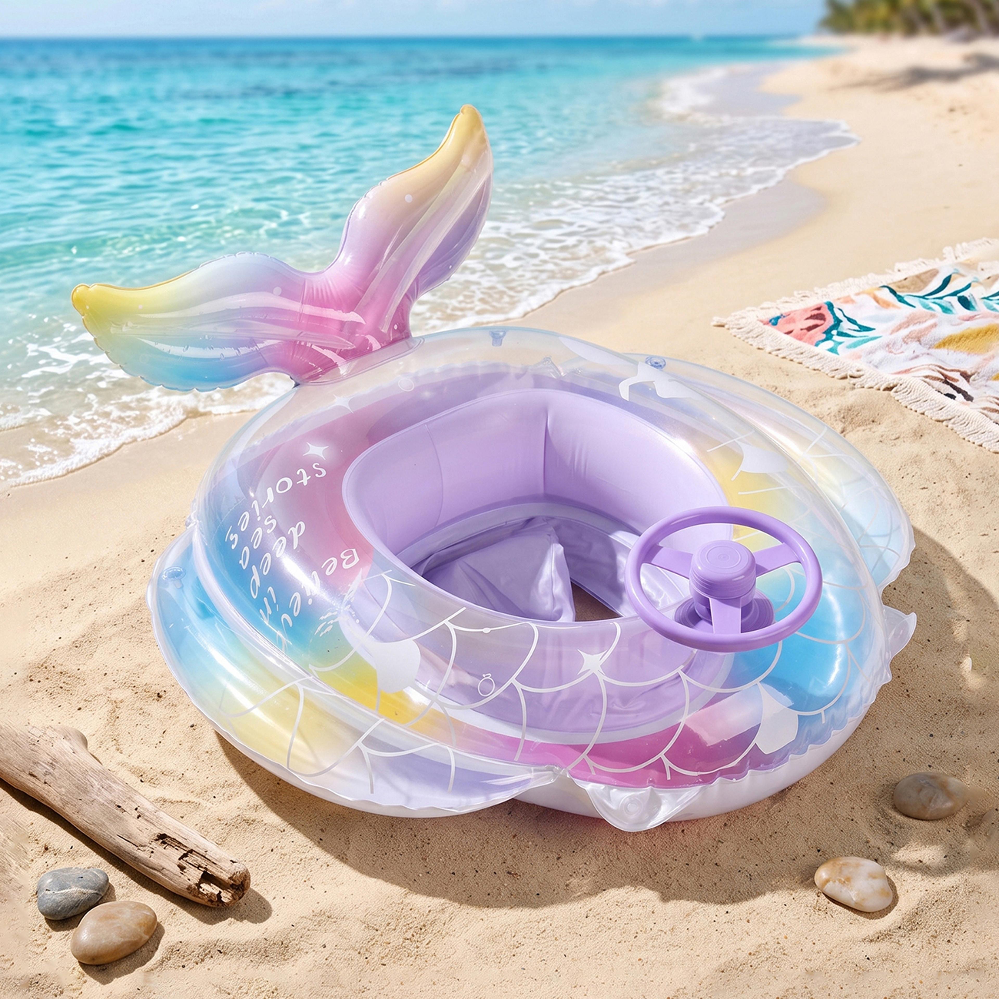 Rainbow Mermaid Pool Float With Steering Wheel Glitter Inflatable Pool Seat For Kids Summer Fun 1