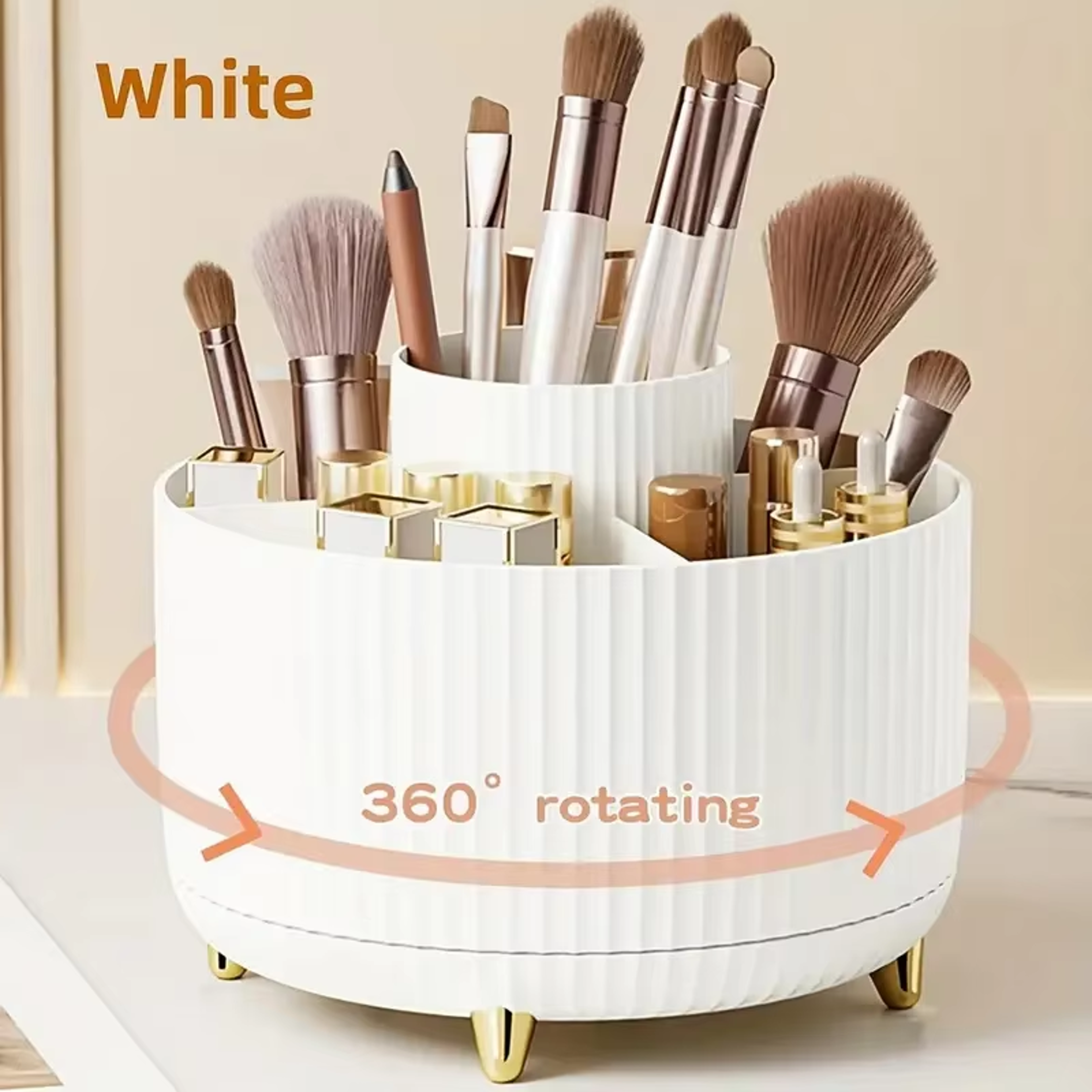 Rotating Makeup Organizer With Adjustable Storage Brush Holder And Perfume Tray 1