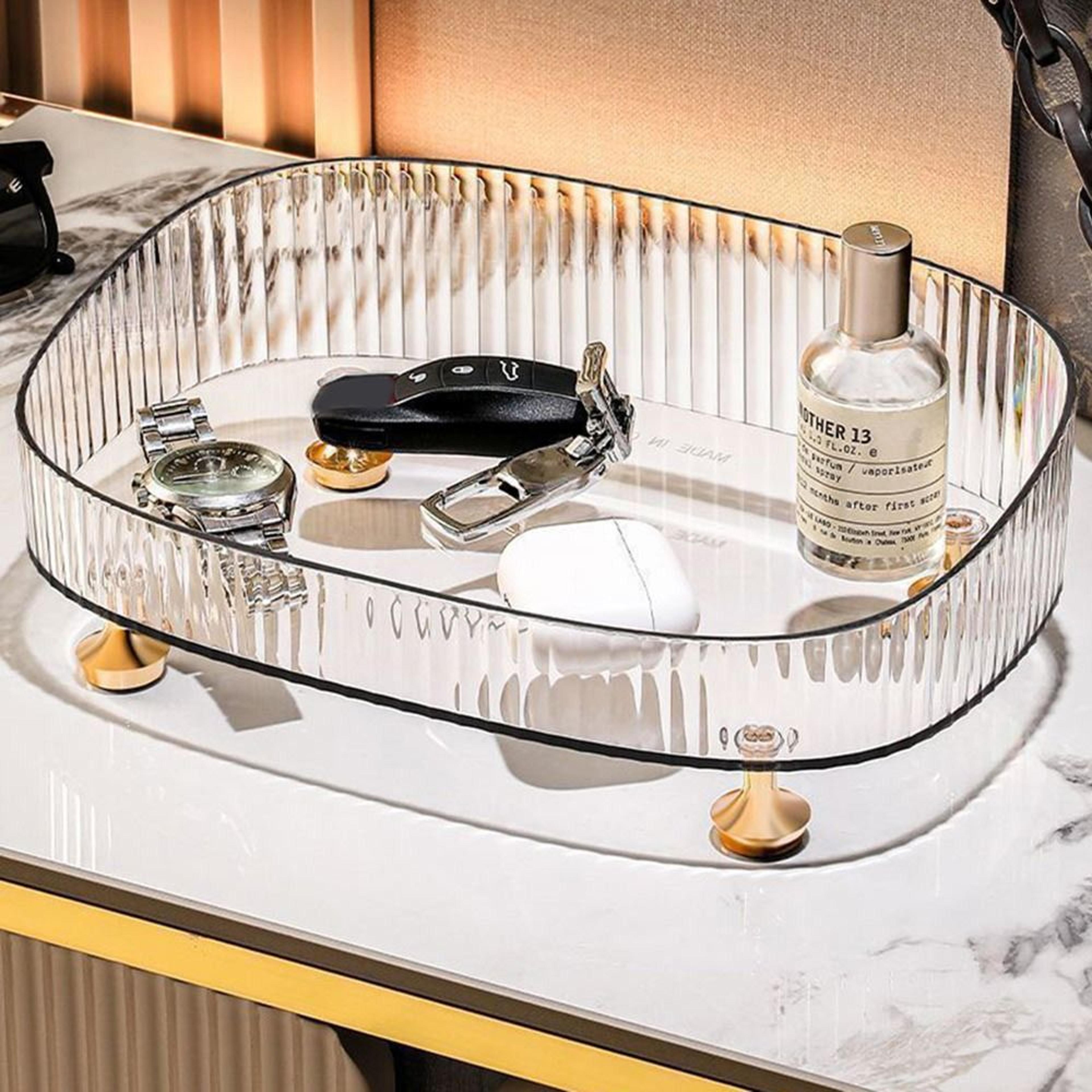 Luxury Makeup Organizer And Perfume Organizer With Clear Vanity Tray And Gold Stand 2
