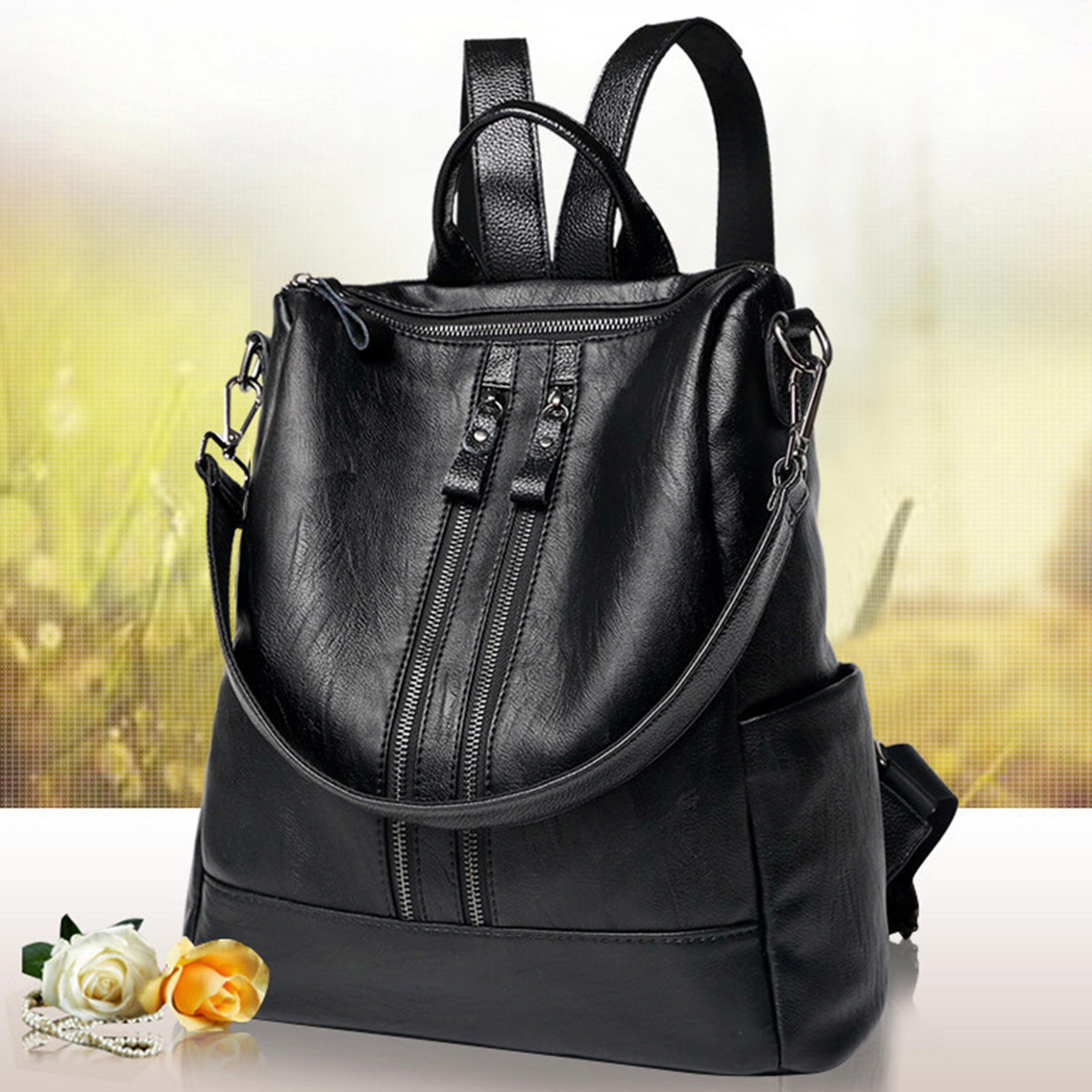 Soft PU Leather Backpack For Women Large Capacity Black Fashion Student Bag 1
