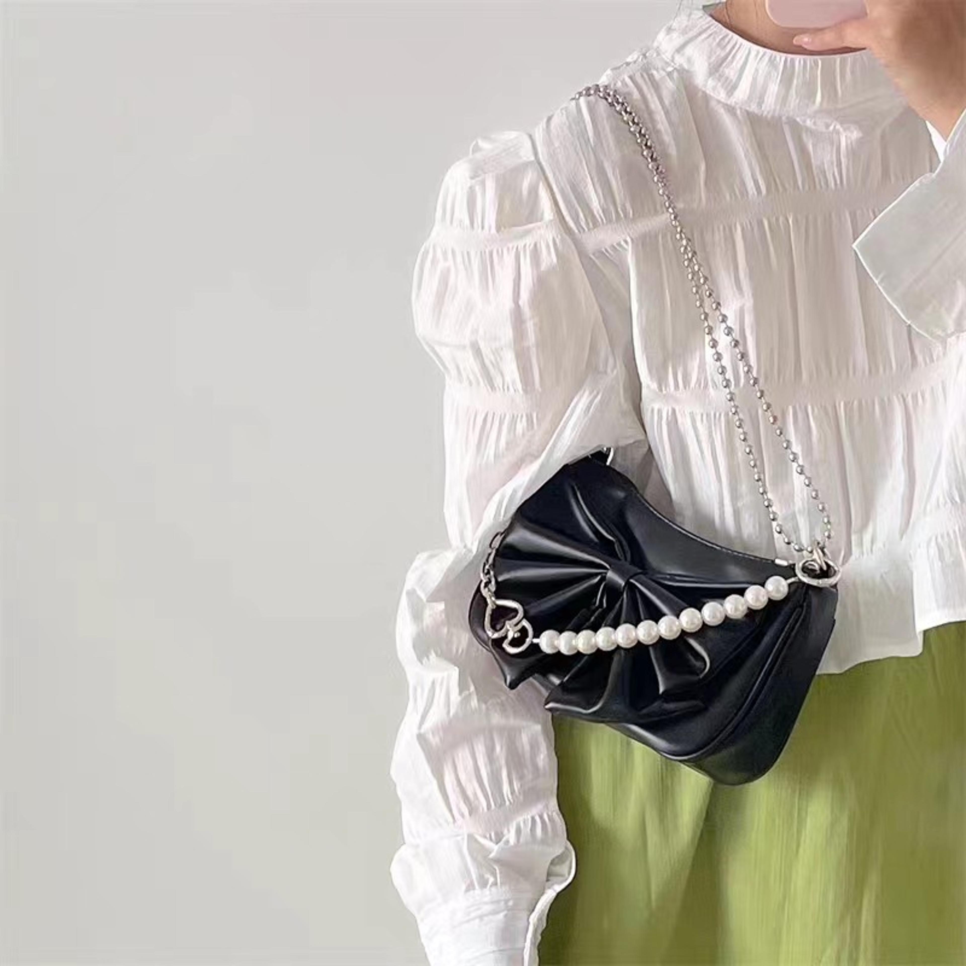 Pearl Chain Bow Shoulder Bag Chic PU Leather Underarm Purse For Women 4