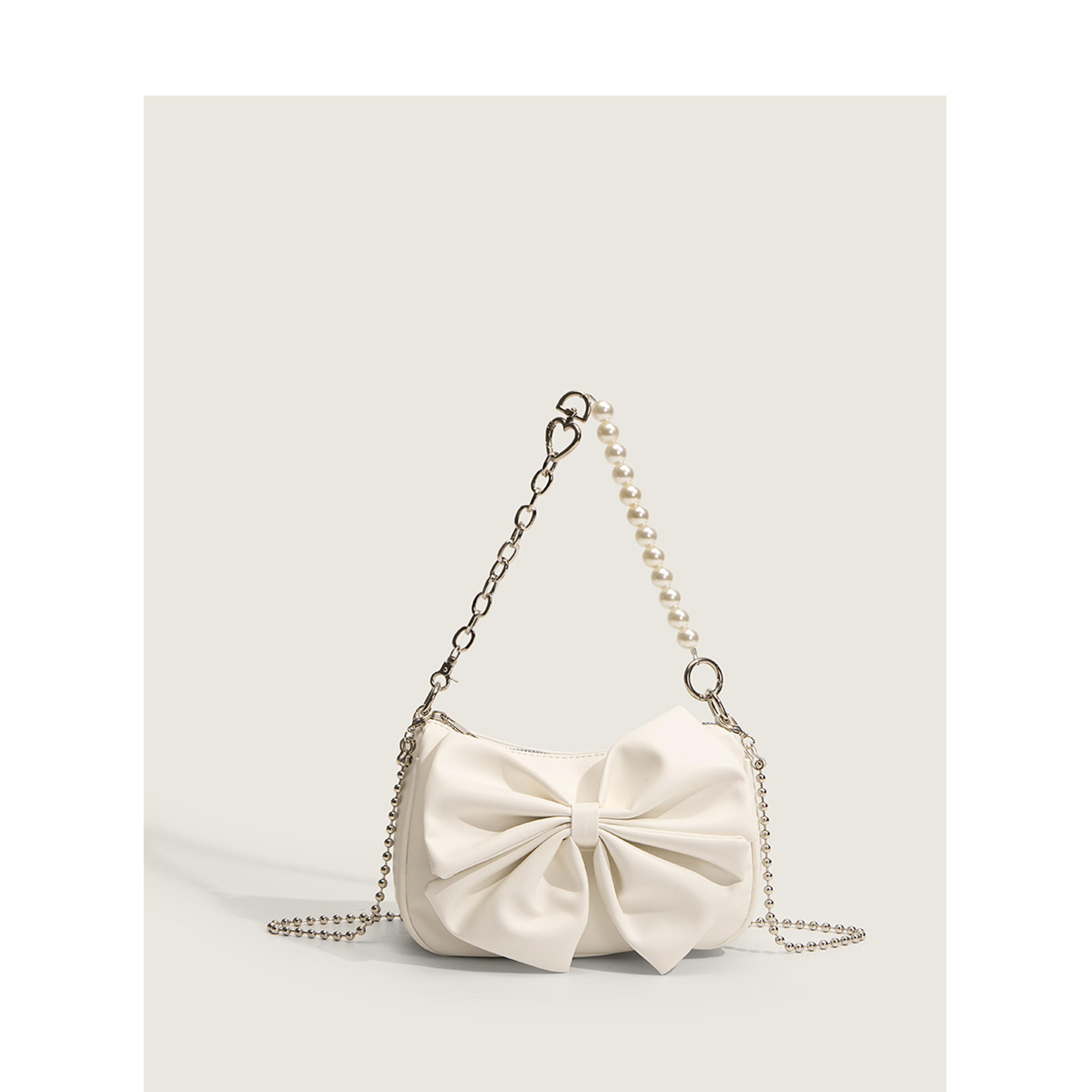 Pearl Chain Bow Shoulder Bag Chic PU Leather Underarm Purse For Women 6