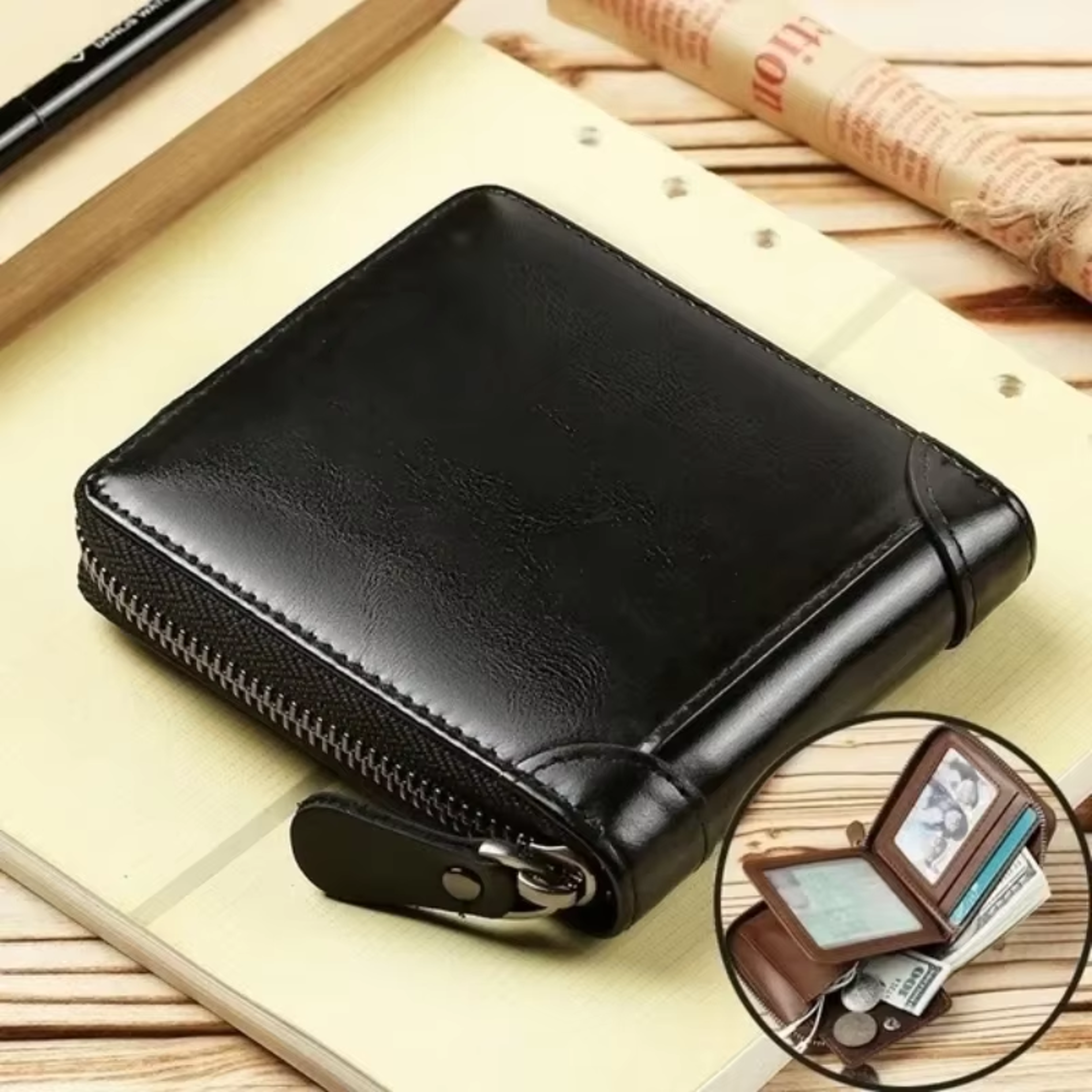 Compact Wallet Leather Bifold With Zip Around Closure And Coin Pocket 0