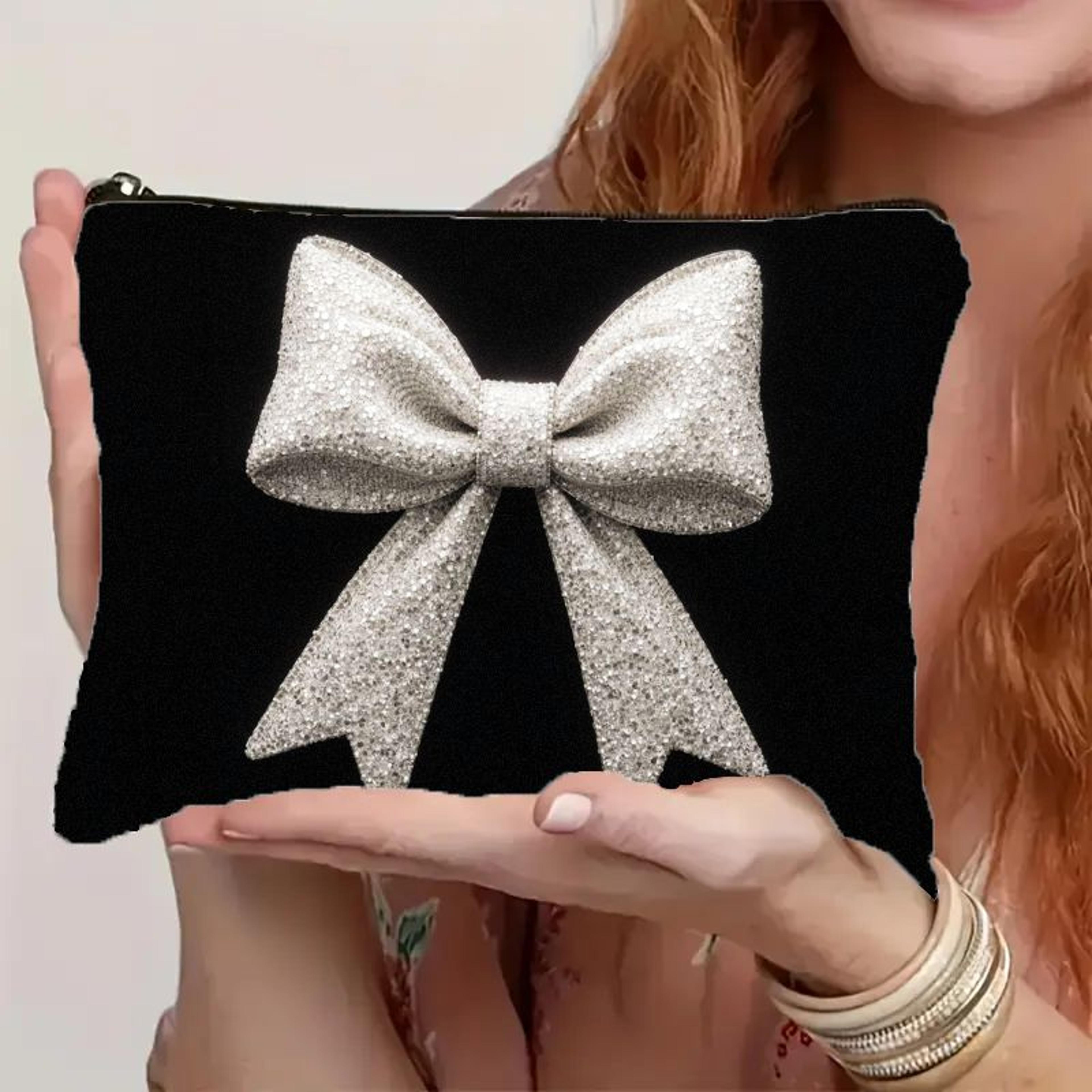 Retro Bow Travel Makeup Bag Black  White Canvas Zipper Pouch For Cosmetics  Essentials 0