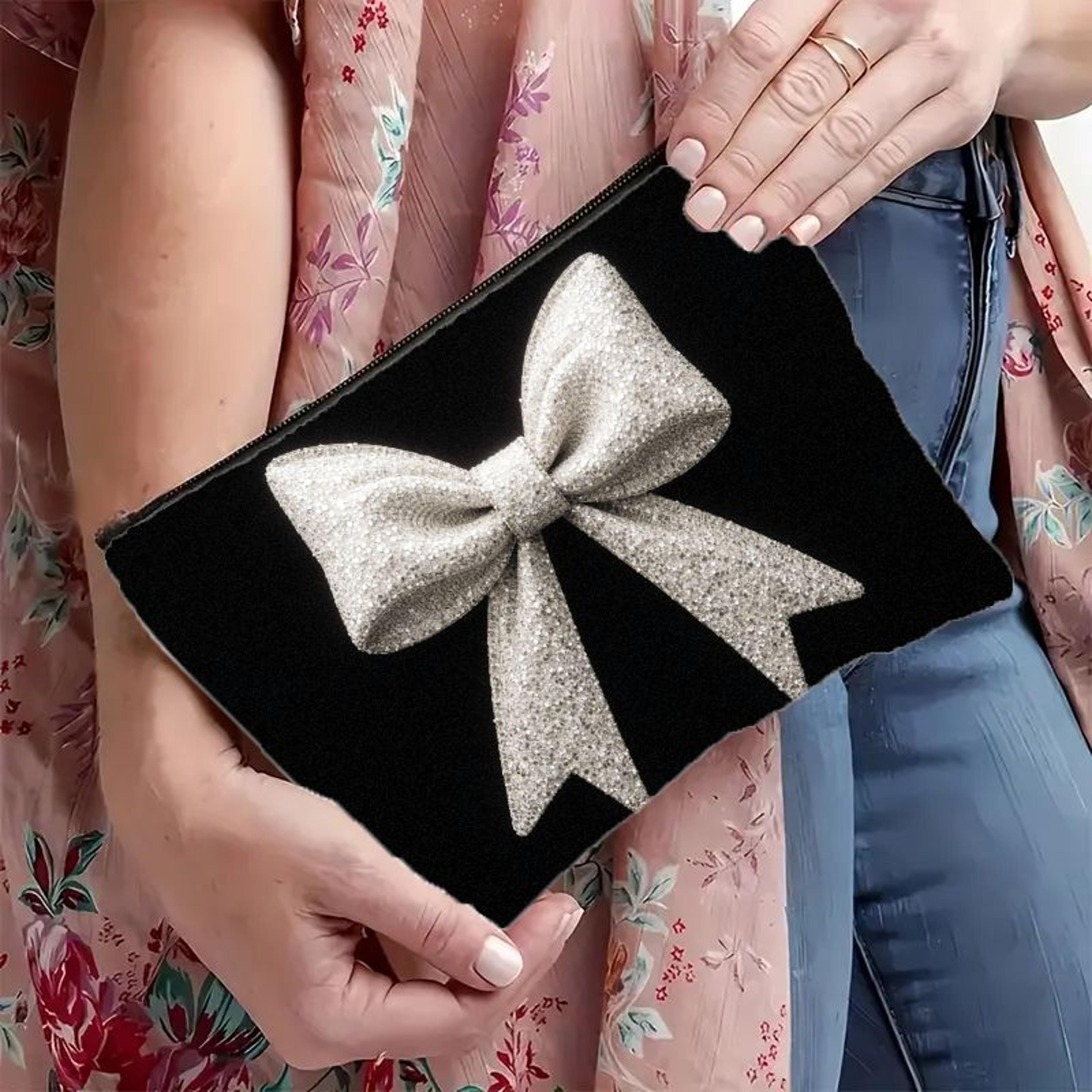 Retro Bow Travel Makeup Bag Black  White Canvas Zipper Pouch For Cosmetics  Essentials 3