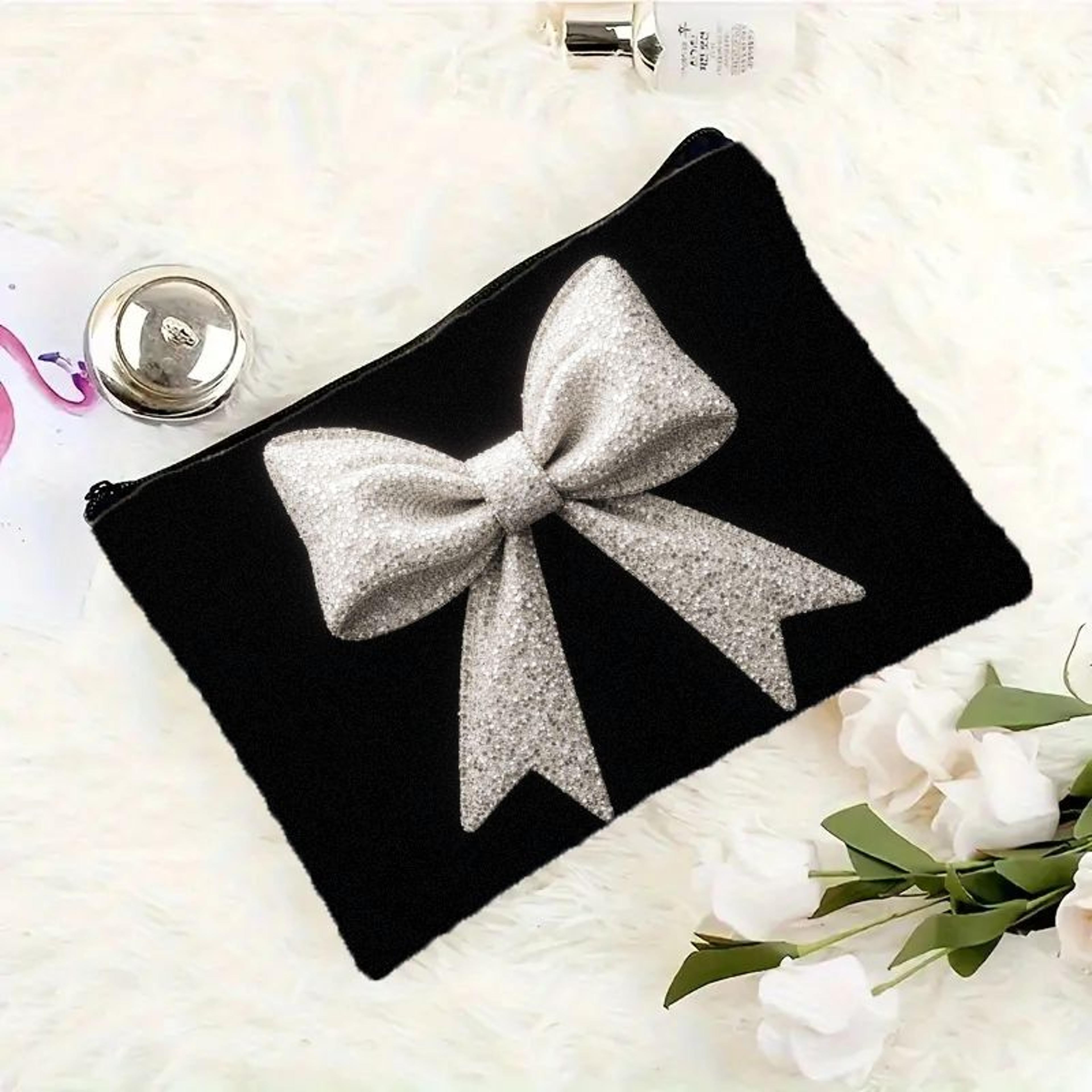 Retro Bow Travel Makeup Bag Black  White Canvas Zipper Pouch For Cosmetics  Essentials 4