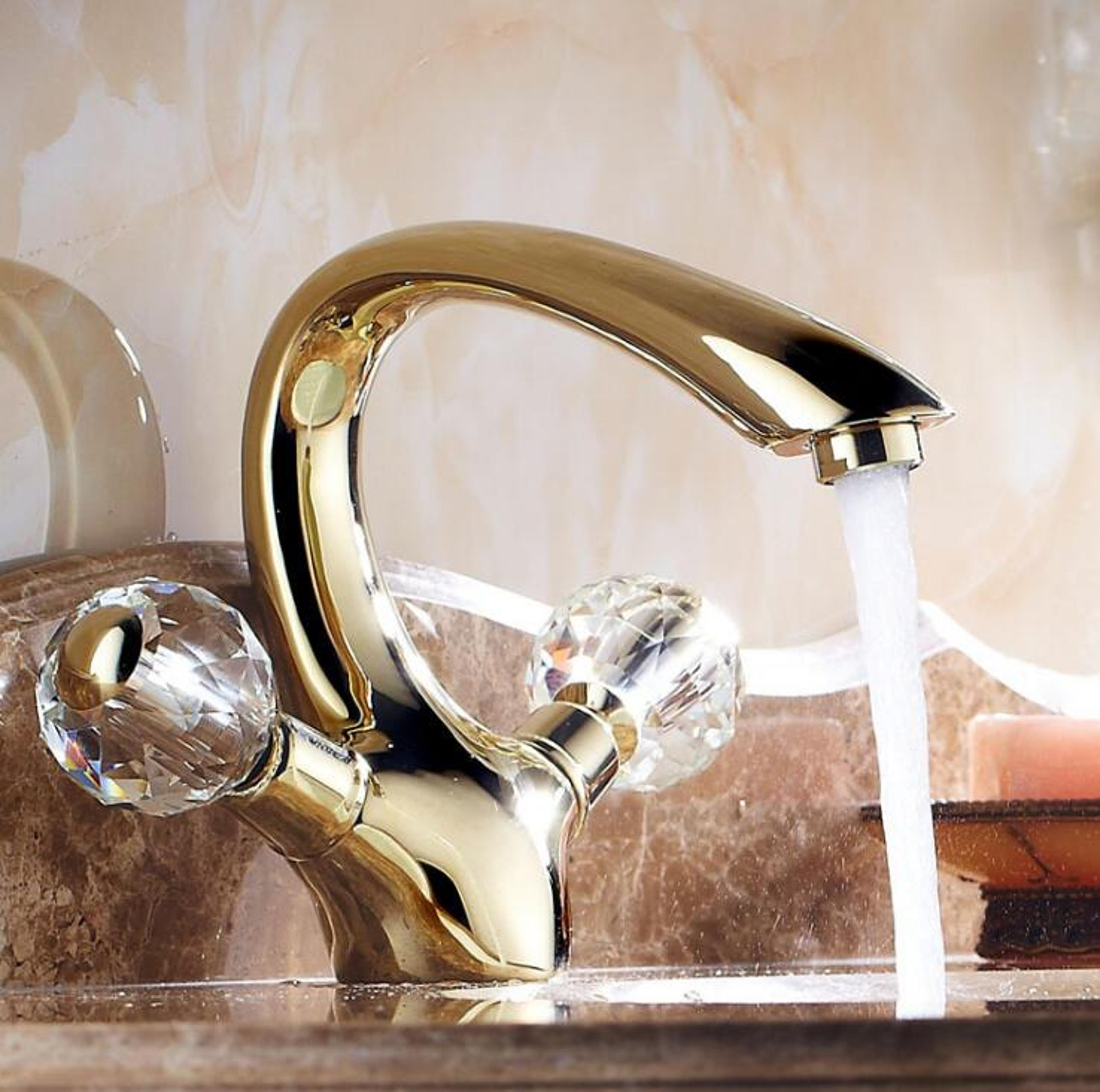 Gold Brass Crystal Handle Bathroom Faucet Deck Mounted Hot And Cold Basin Mixer 2