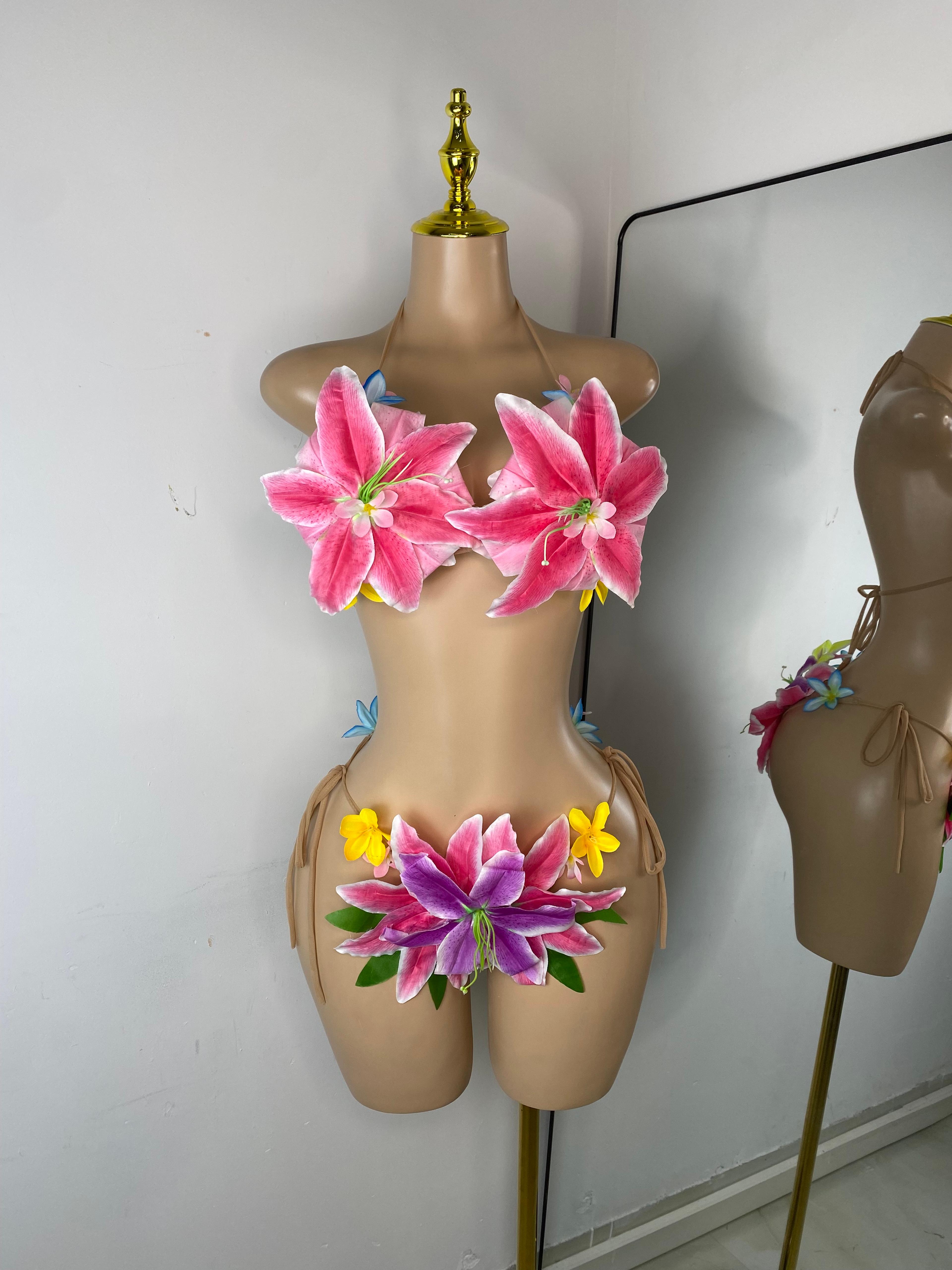 tropical handmade flower bikini set sheer floral two piece swim wear for women
