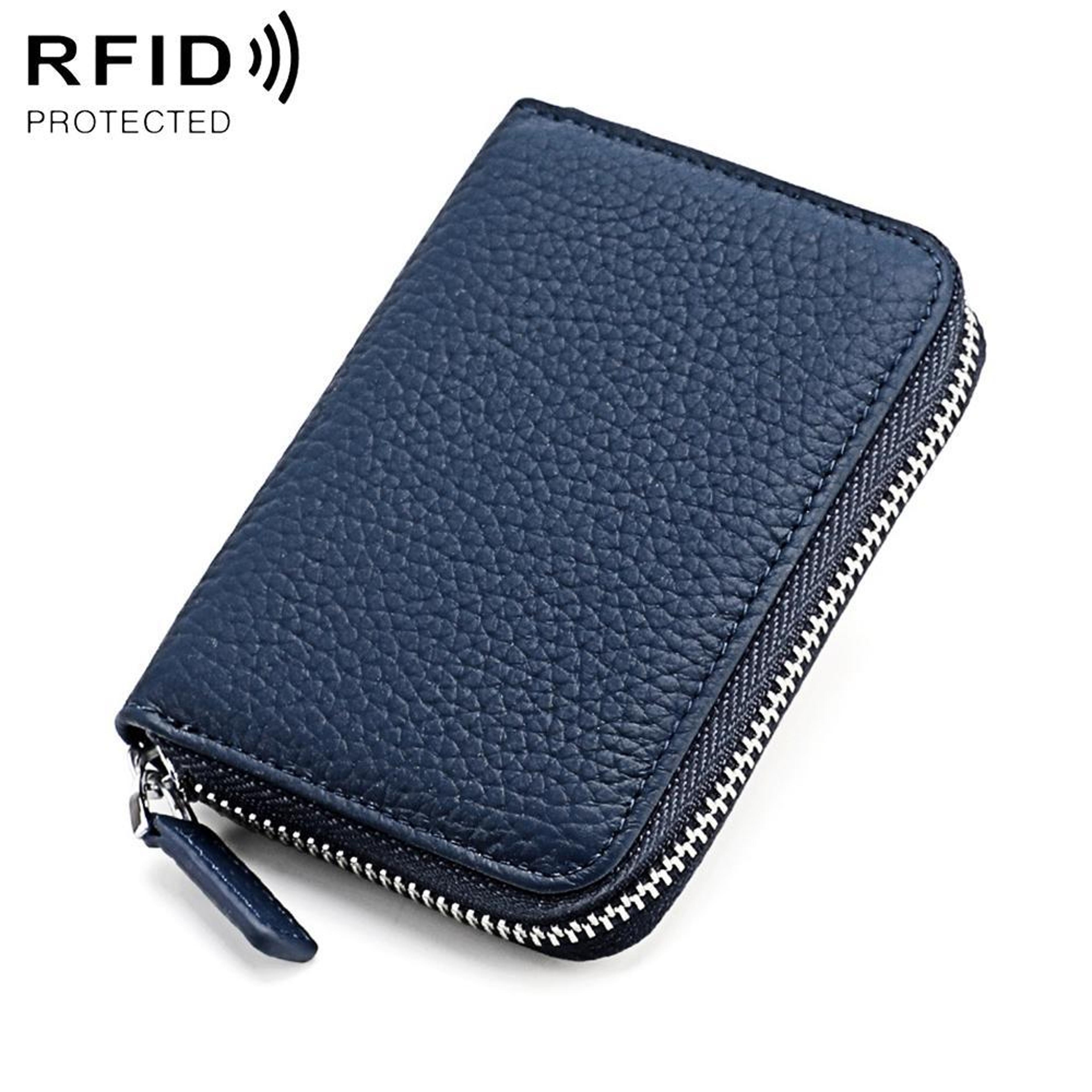 rfid blocking genuine leather bifold coin purse with zipper dark blue