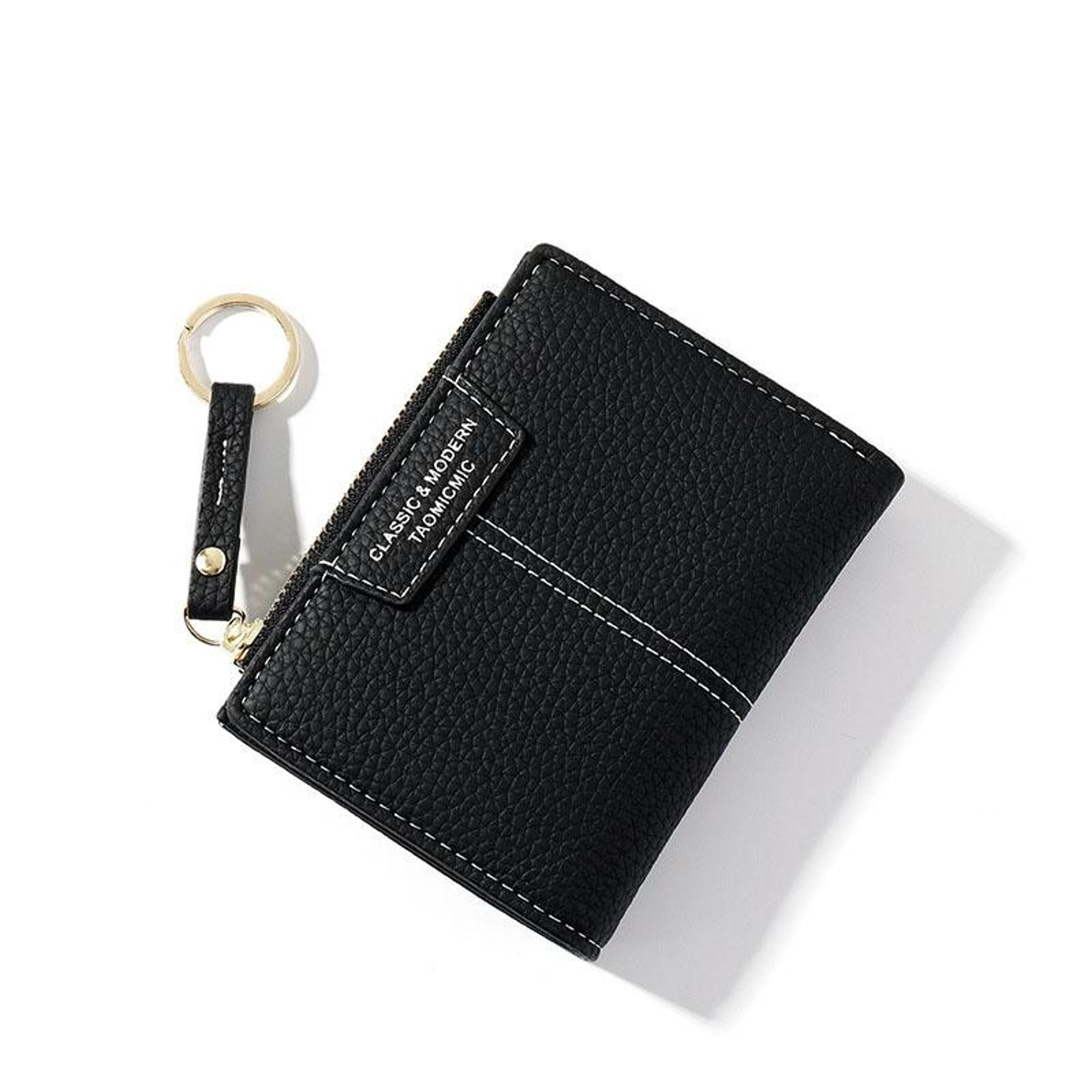 women's small bifold wallet with keychain and zipper coin purse in black