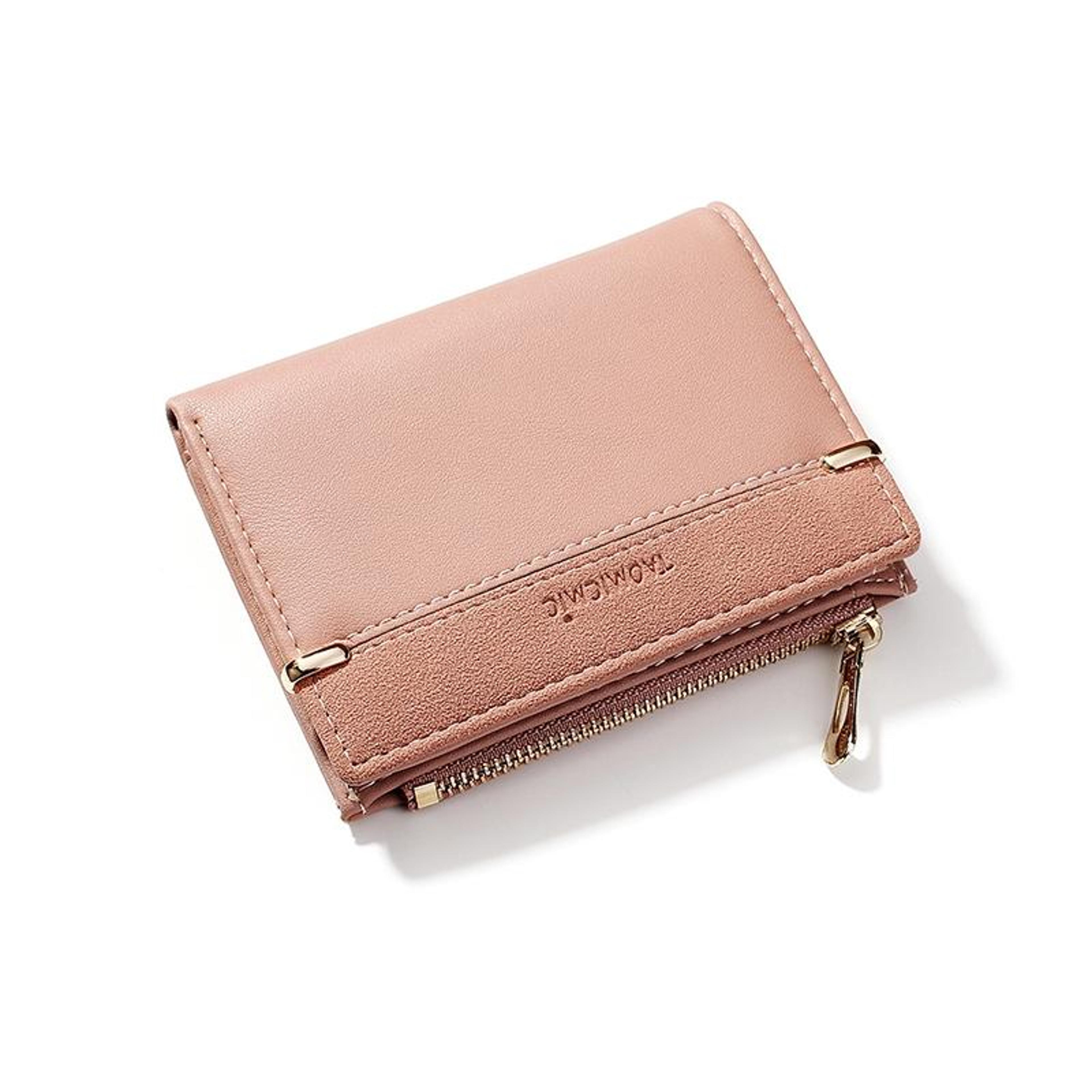 womens pink wallet with zipper buckle multi card slots and coin compartment