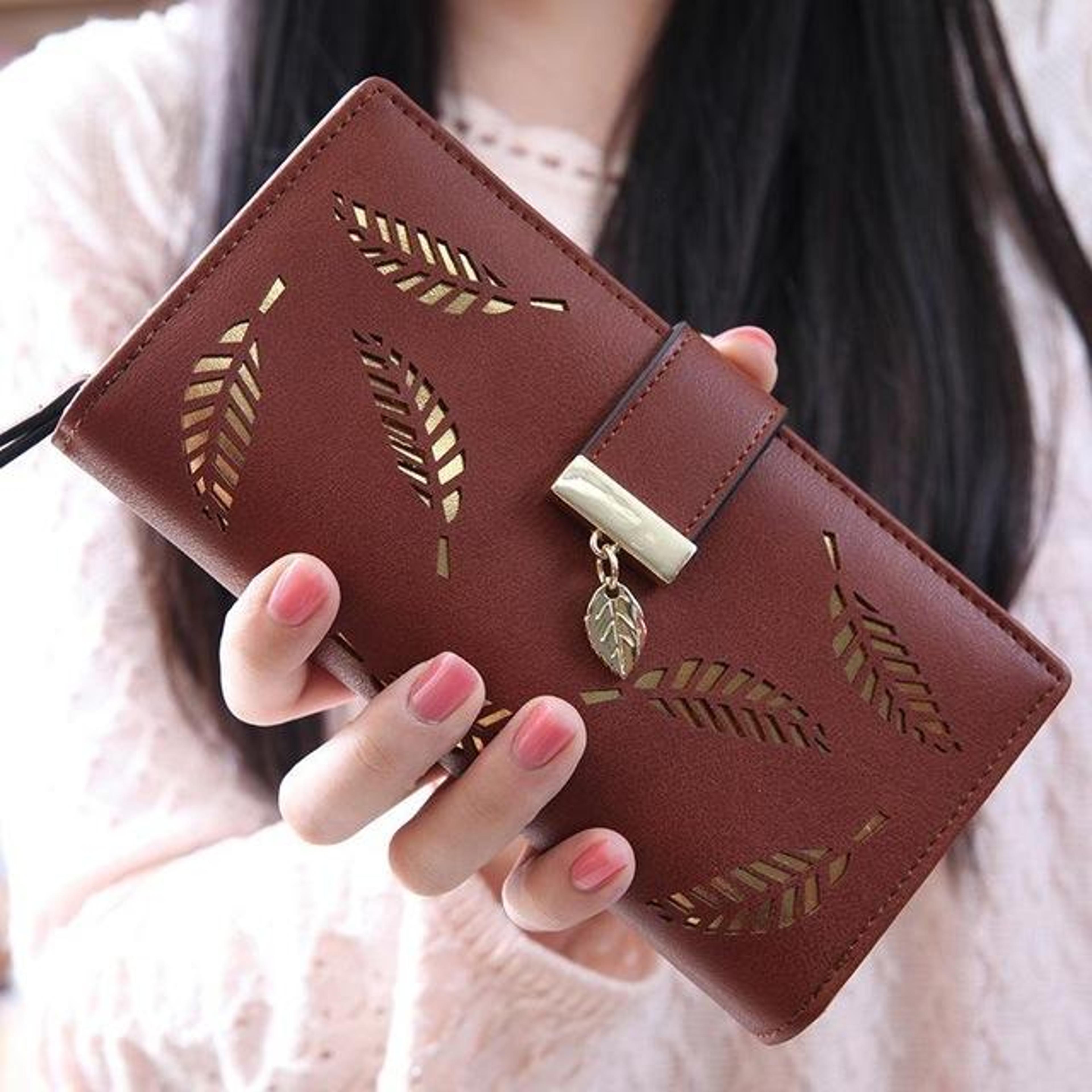 long gold leaf wallet for women with zipper closure and multiple card slots