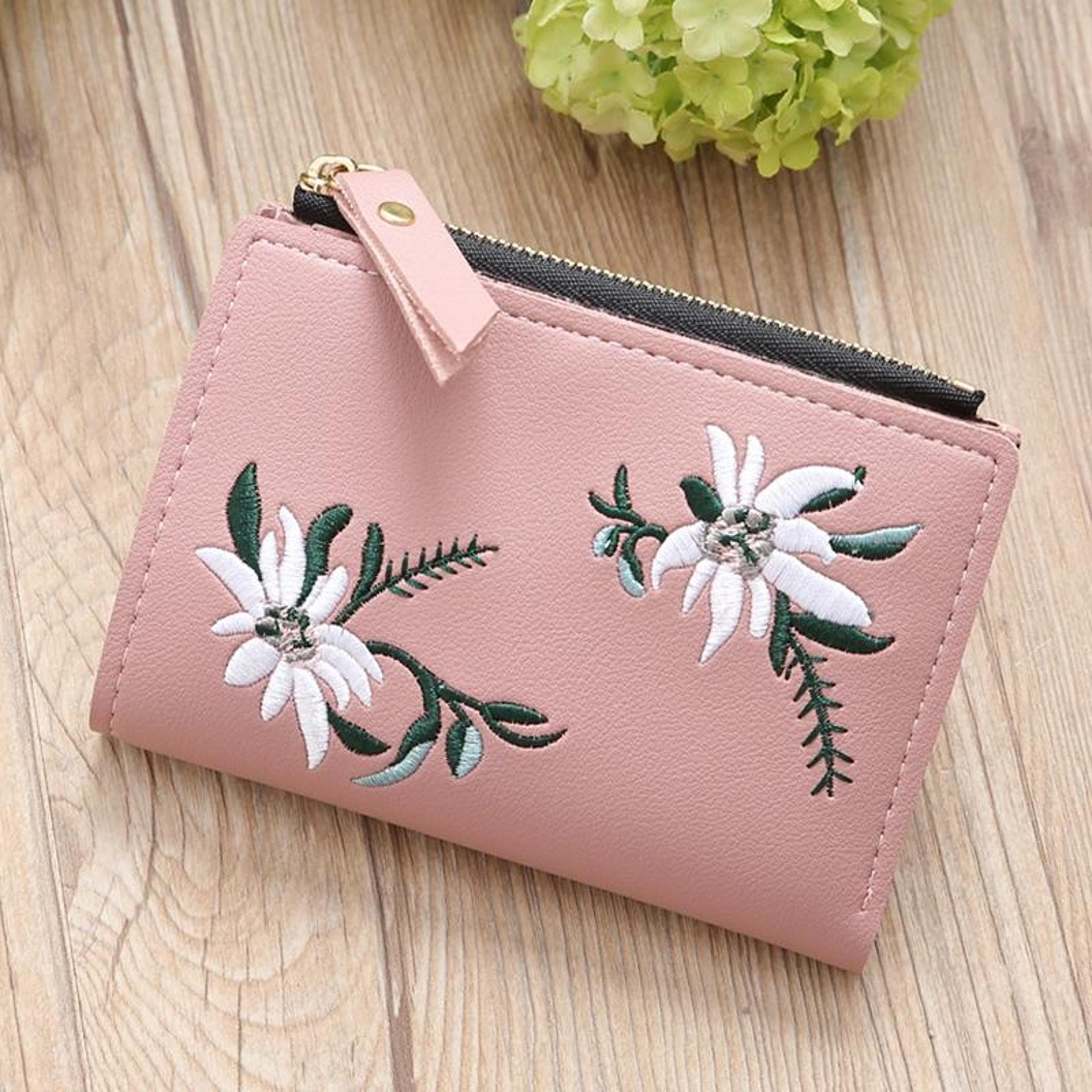 small zipper wallet for women with floral embroidery and card holders