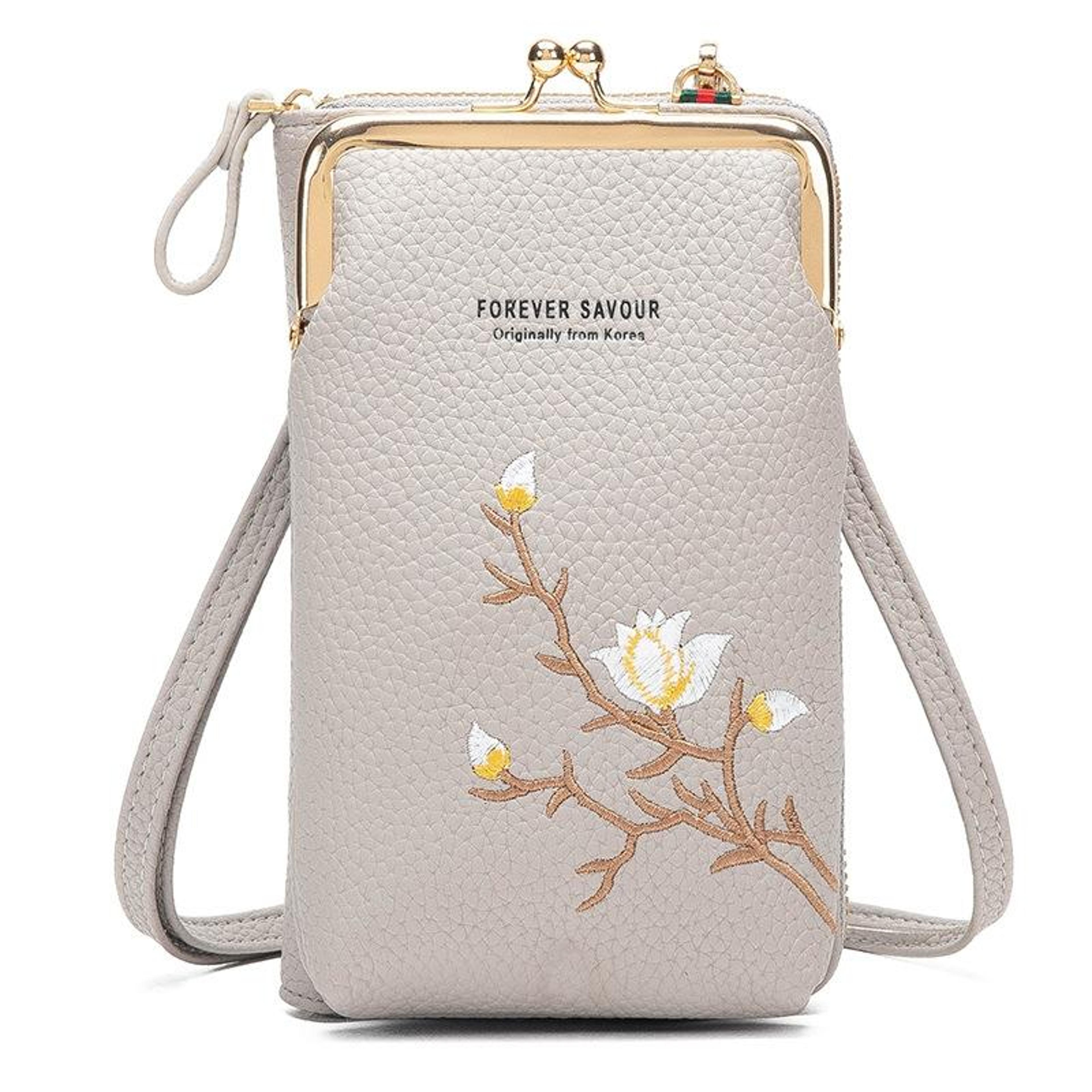 mini embroidered crossbody phone bag with multi compartment design gray