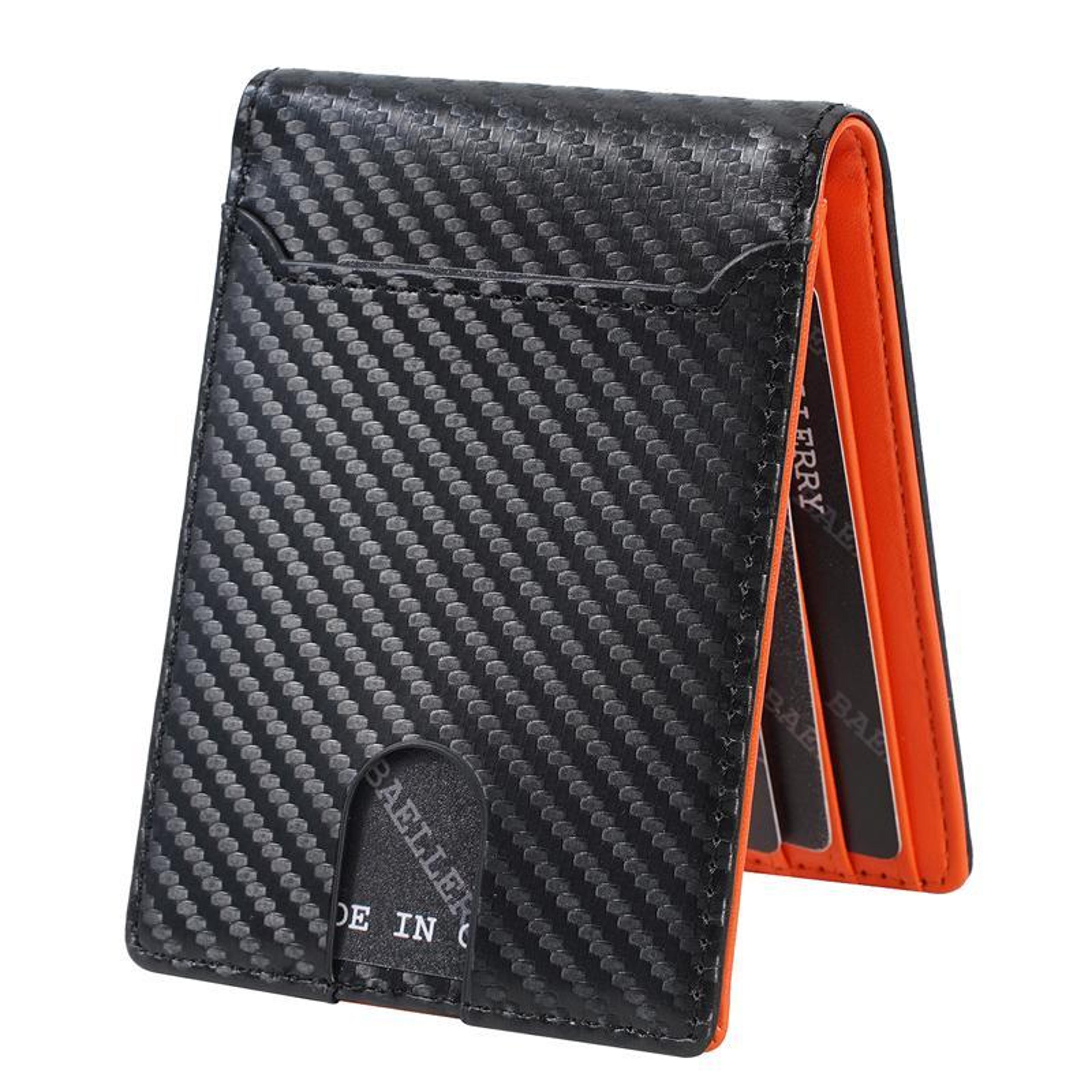 mens minimalist pu card holder wallet with multiple card slots black and orange